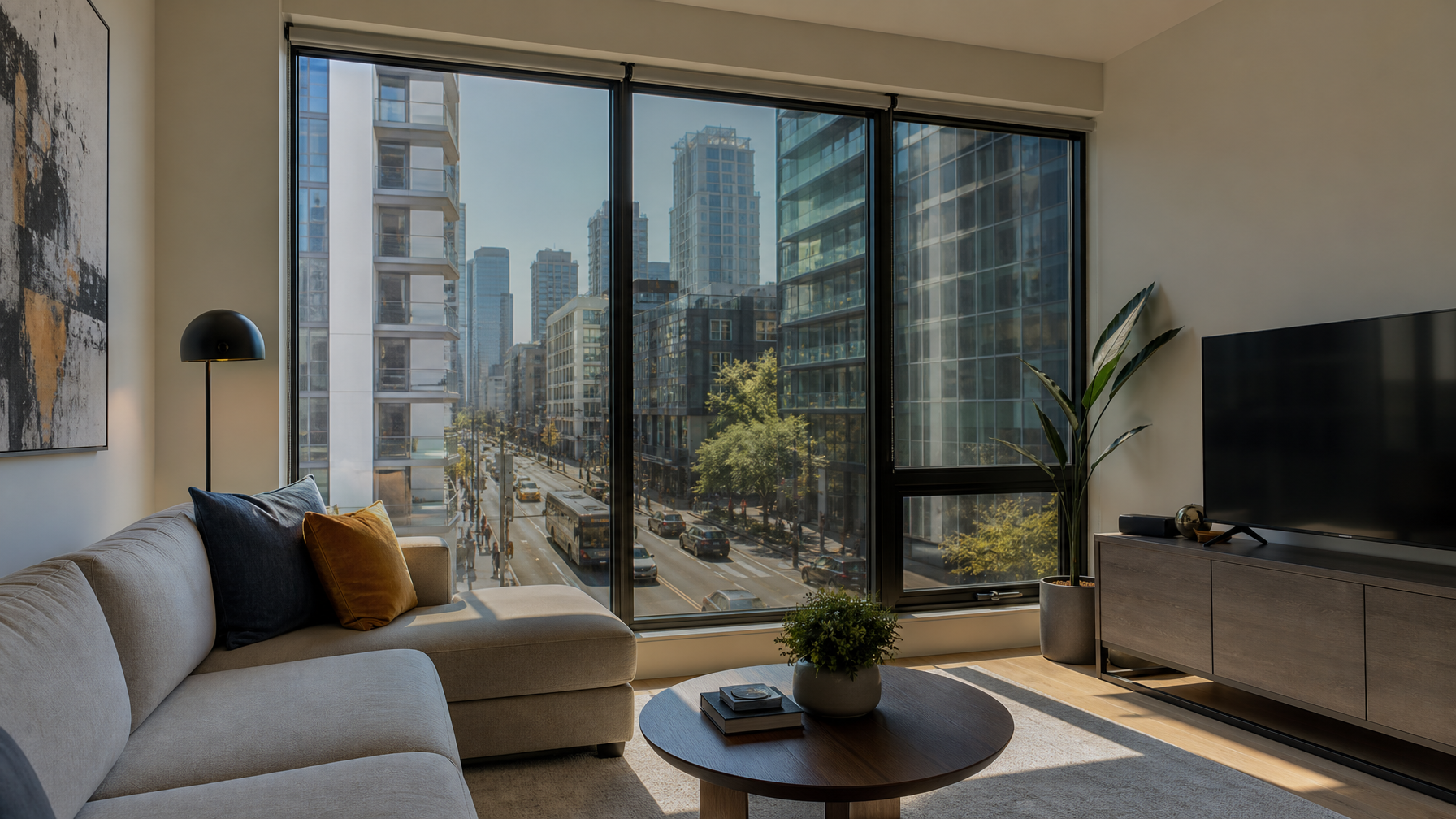 Modern Vancouver apartment interior with large windows overlooking a busy urban street showing the acoustic benefit of window film installation