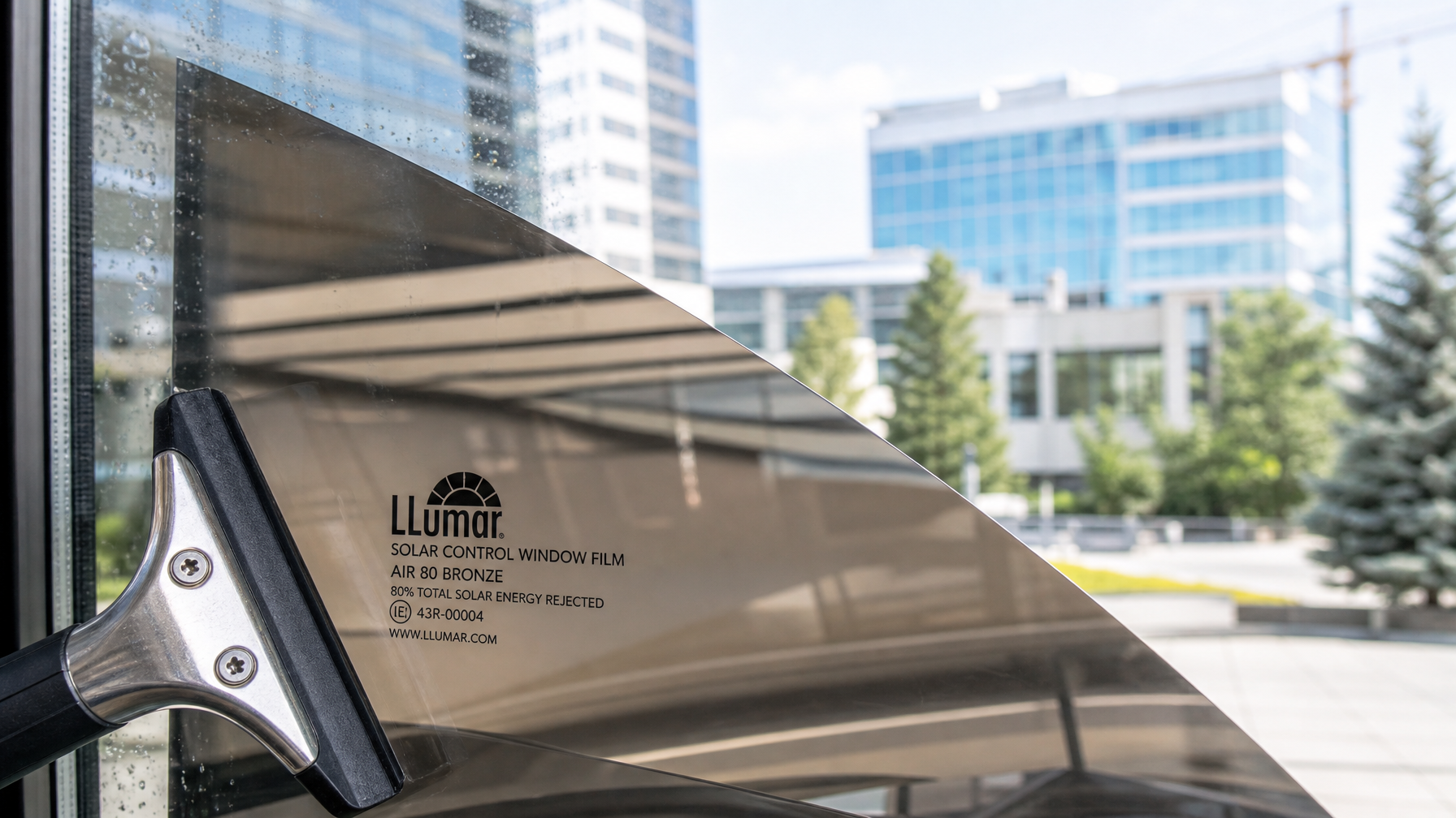 Close-up of LLumar solar control window tinting film being applied to commercial glass in Surrey, BC, subtle bronze-grey reflective surface