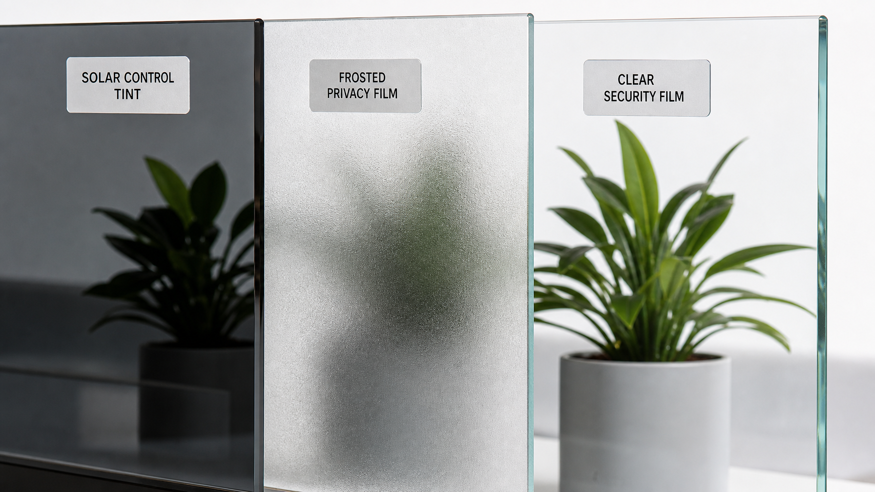 Side-by-side comparison of solar control tint, frosted privacy film, and clear security window film panels showing visual differences between film types