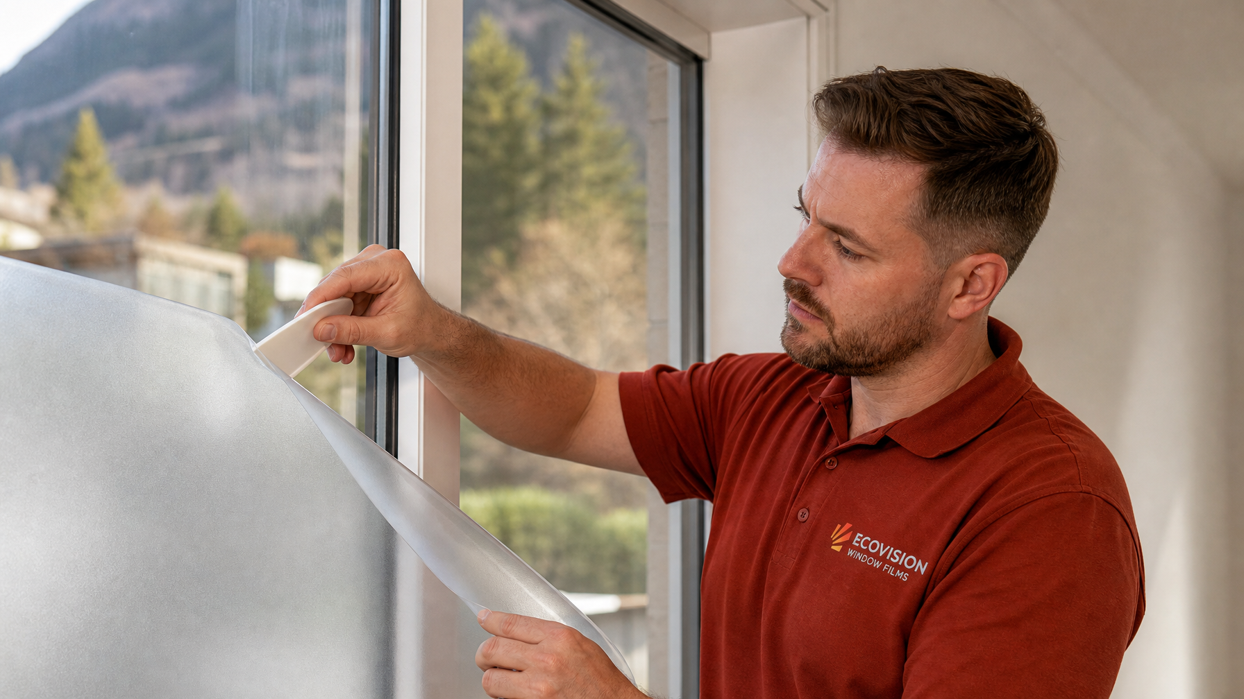 Ecovision Window Films installer in brick-red work shirt removing frosted privacy film from a residential window in Vancouver
