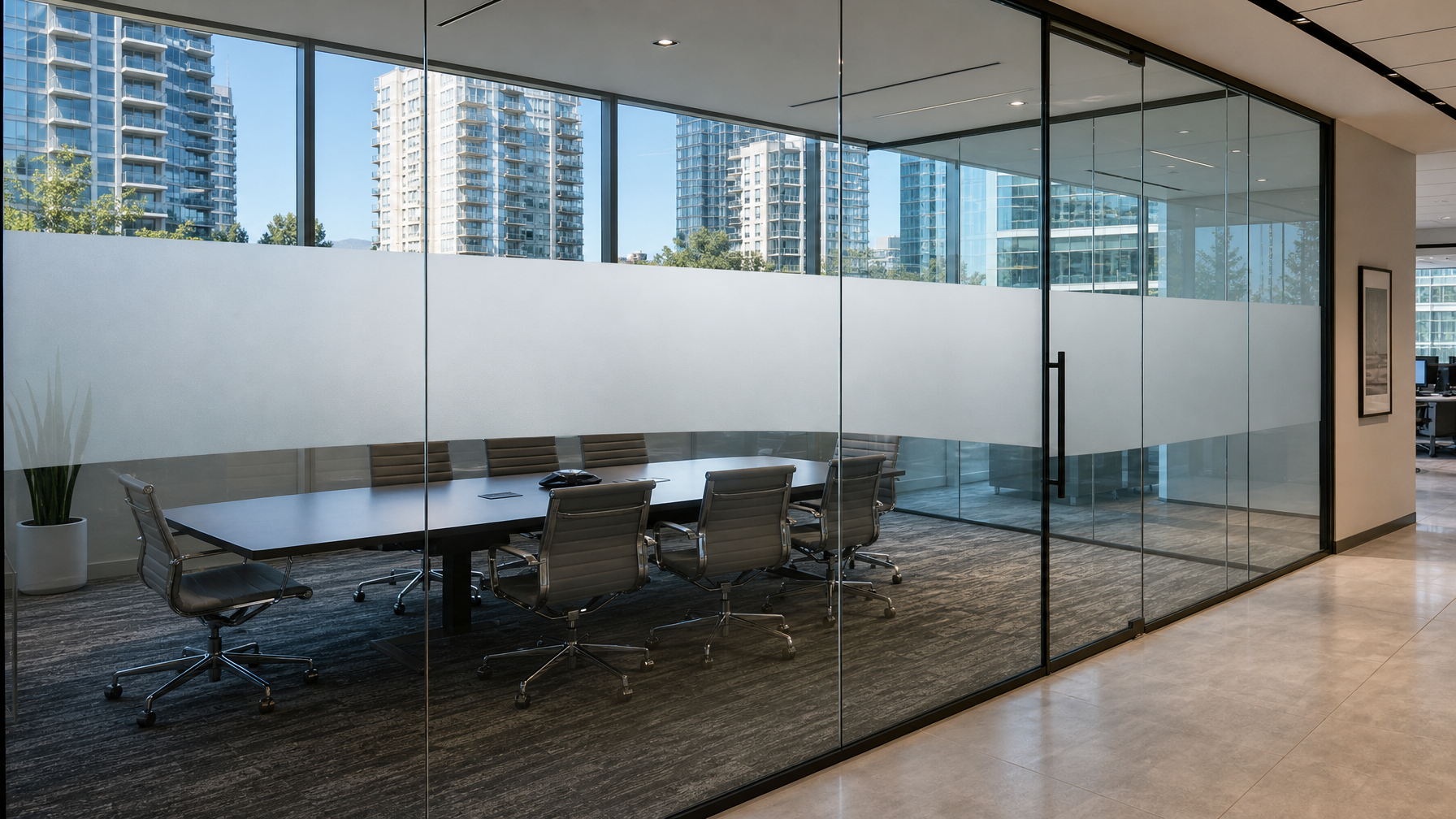 Modern Burnaby BC office interior with architectural window film installed on floor-to-ceiling glass walls providing privacy and solar control
