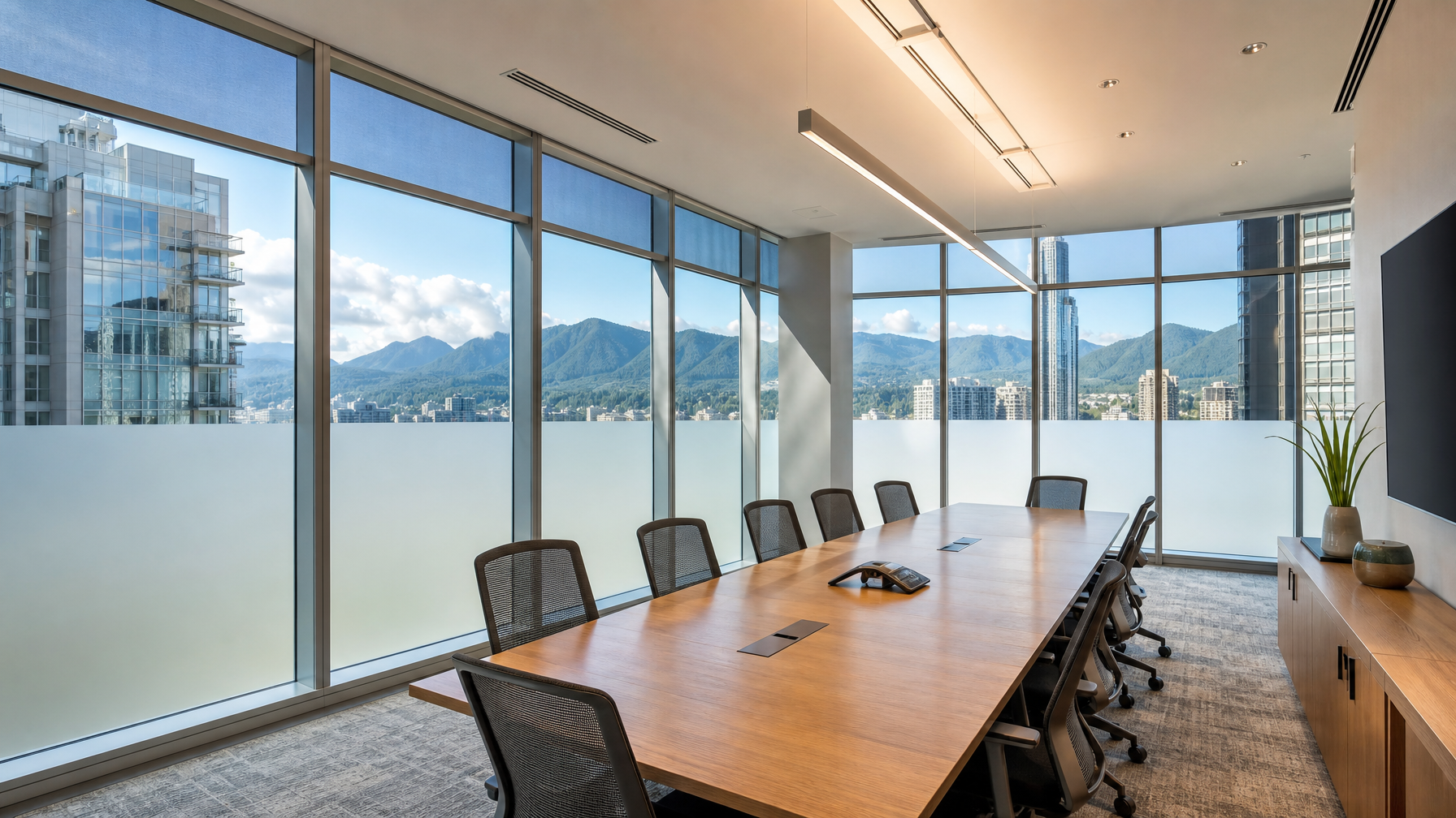 Modern Vancouver office boardroom interior with solar control and frosted privacy architectural window film on floor-to-ceiling glazing