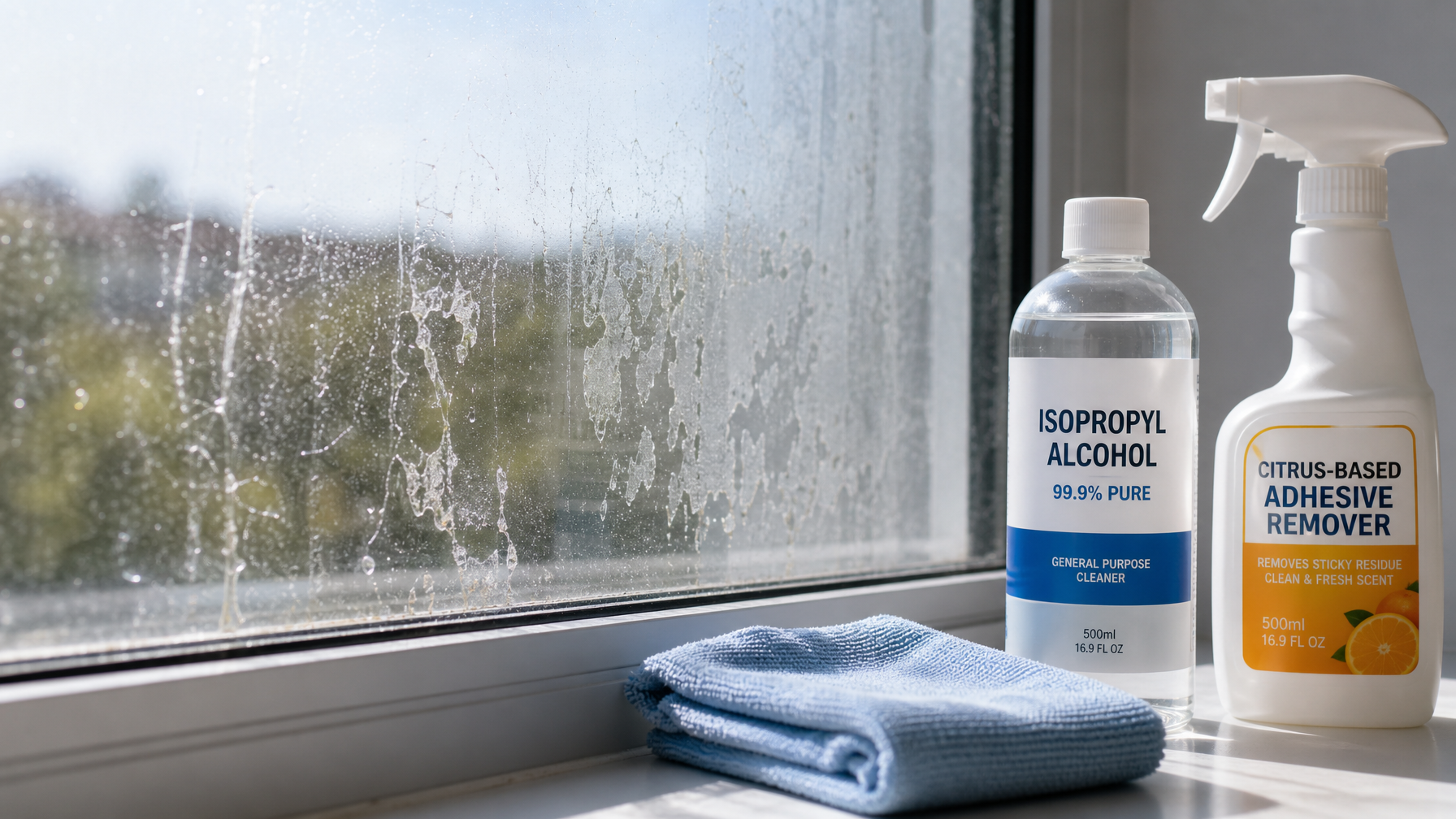 Window film adhesive residue on glass with isopropyl alcohol and citrus remover tools for safe removal in BC