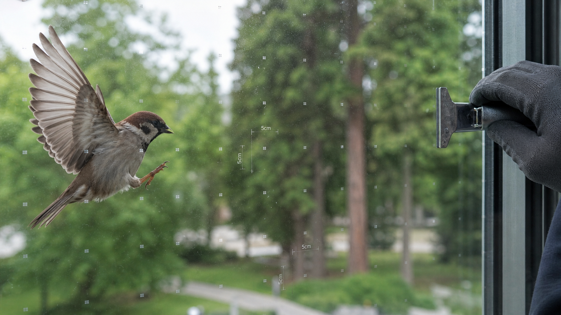 Close-up of bird-safe window film UV fritted dot pattern on Vancouver building glass, deterring bird strikes while maintaining visibility for occupants