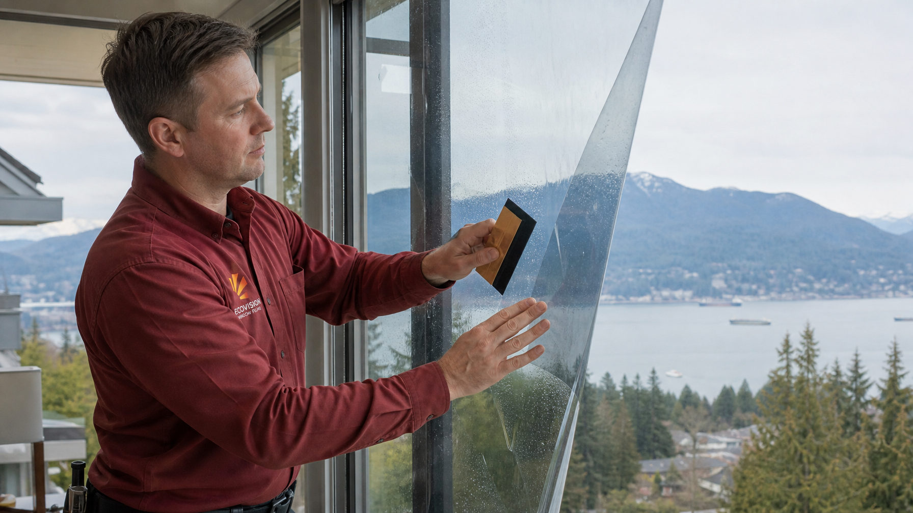 Ecovision Window Films installer in brick-red branded shirt applying solar control film to a Vancouver residential window