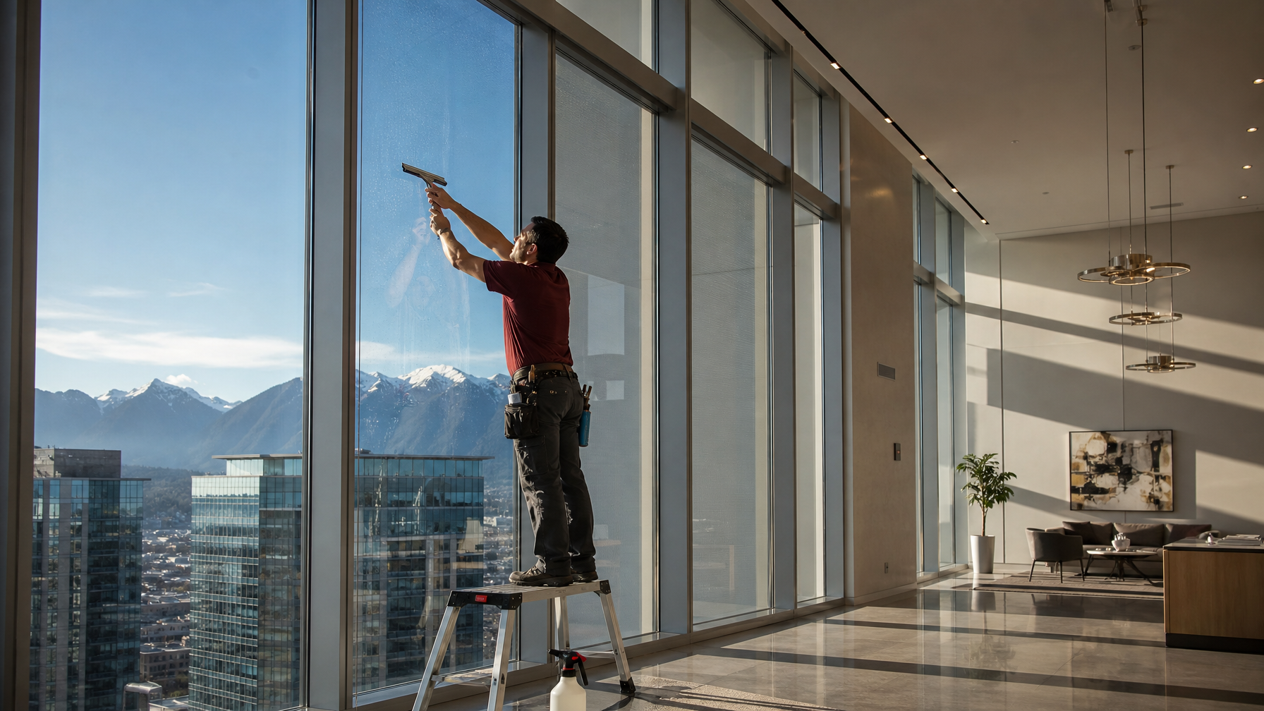 Ecovision installer applying LLumar solar control film to high-rise office windows in downtown Vancouver with city skyline visible