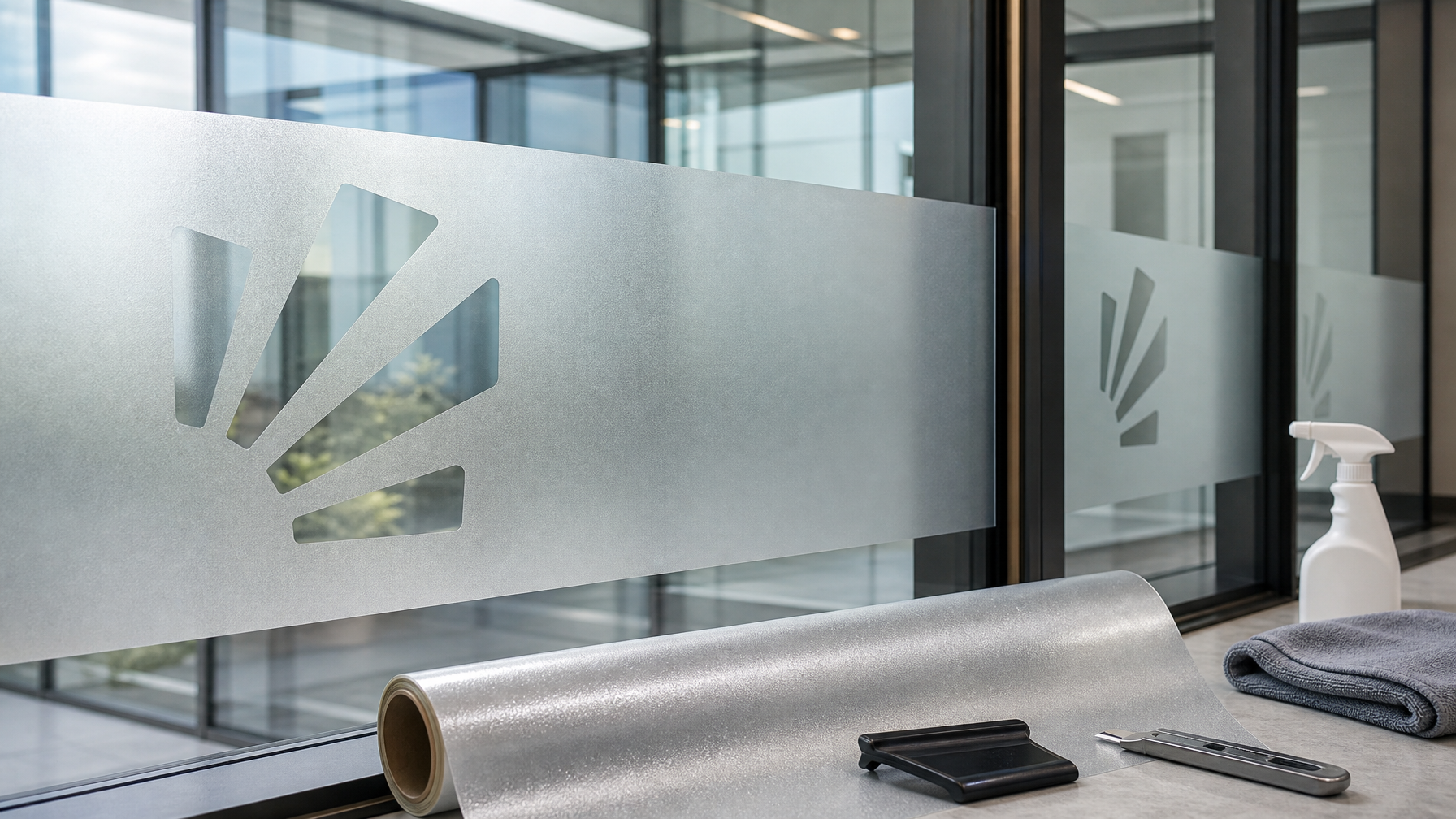 Close-up of architectural window film roll and installation tools on a commercial glass surface