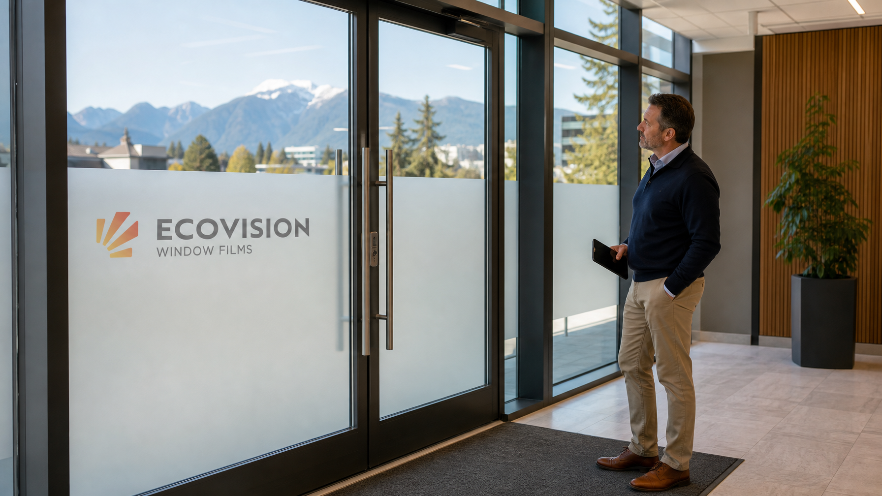Modern Vancouver office lobby showing glass entrance doors with frosted protective film on lower panels, natural light visible through upper unfilmed glass
