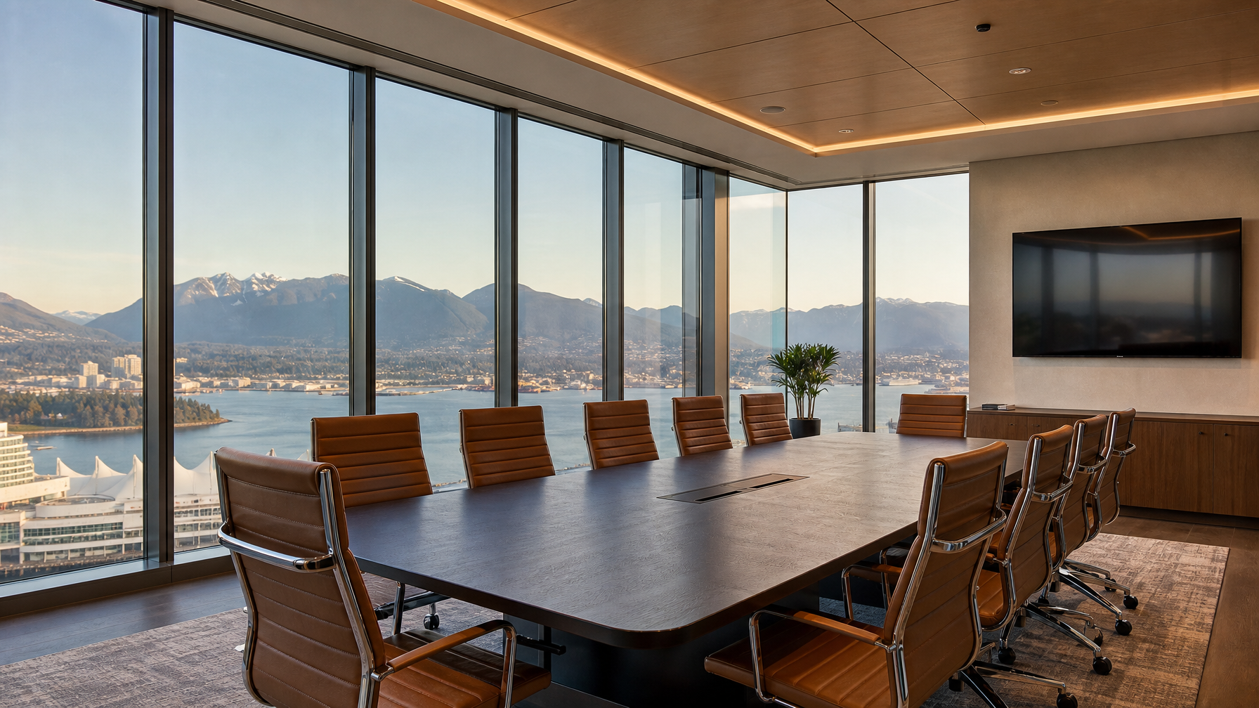 Vancouver commercial boardroom with solar control window film applied showing filtered natural light, North Shore mountains and harbour visible through glass