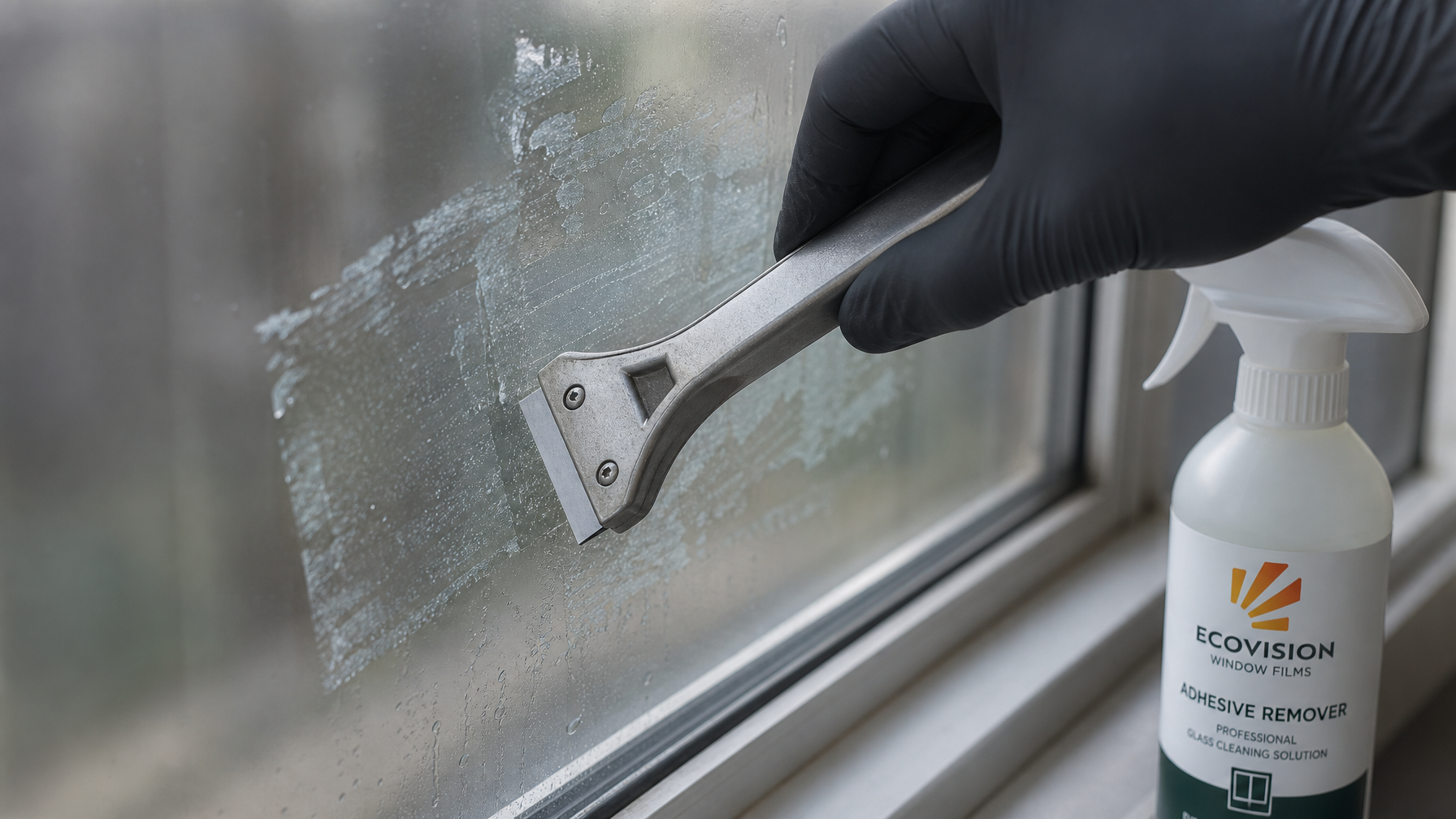 Professional razor blade removing window film adhesive residue from glass at a precise 30-degree angle during privacy film removal in BC