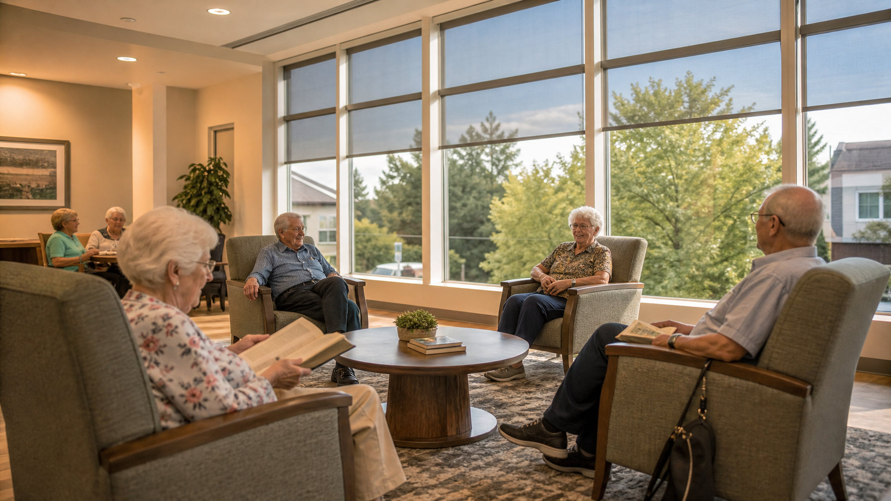 Surrey BC seniors care facility common room with UV solar control window film installed, comfortable residents in sun-protected interior