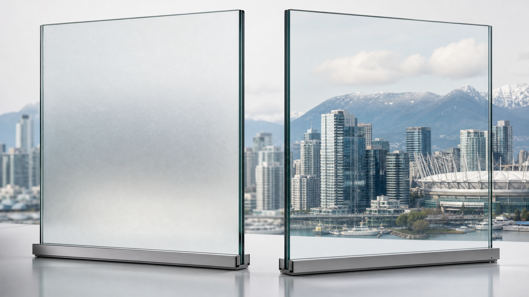 Side-by-side comparison of frosted window film versus clear glass showing light diffusion and privacy performance