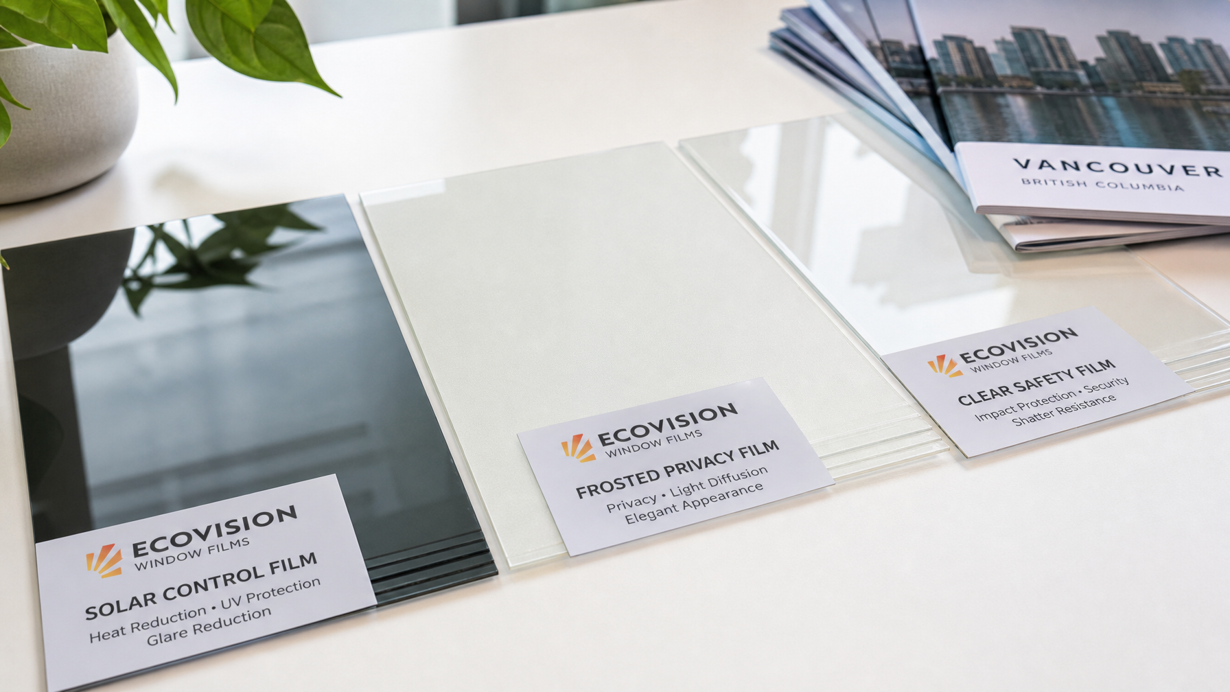 Architectural window film samples showing solar control, frosted privacy, and safety film types for Vancouver buildings