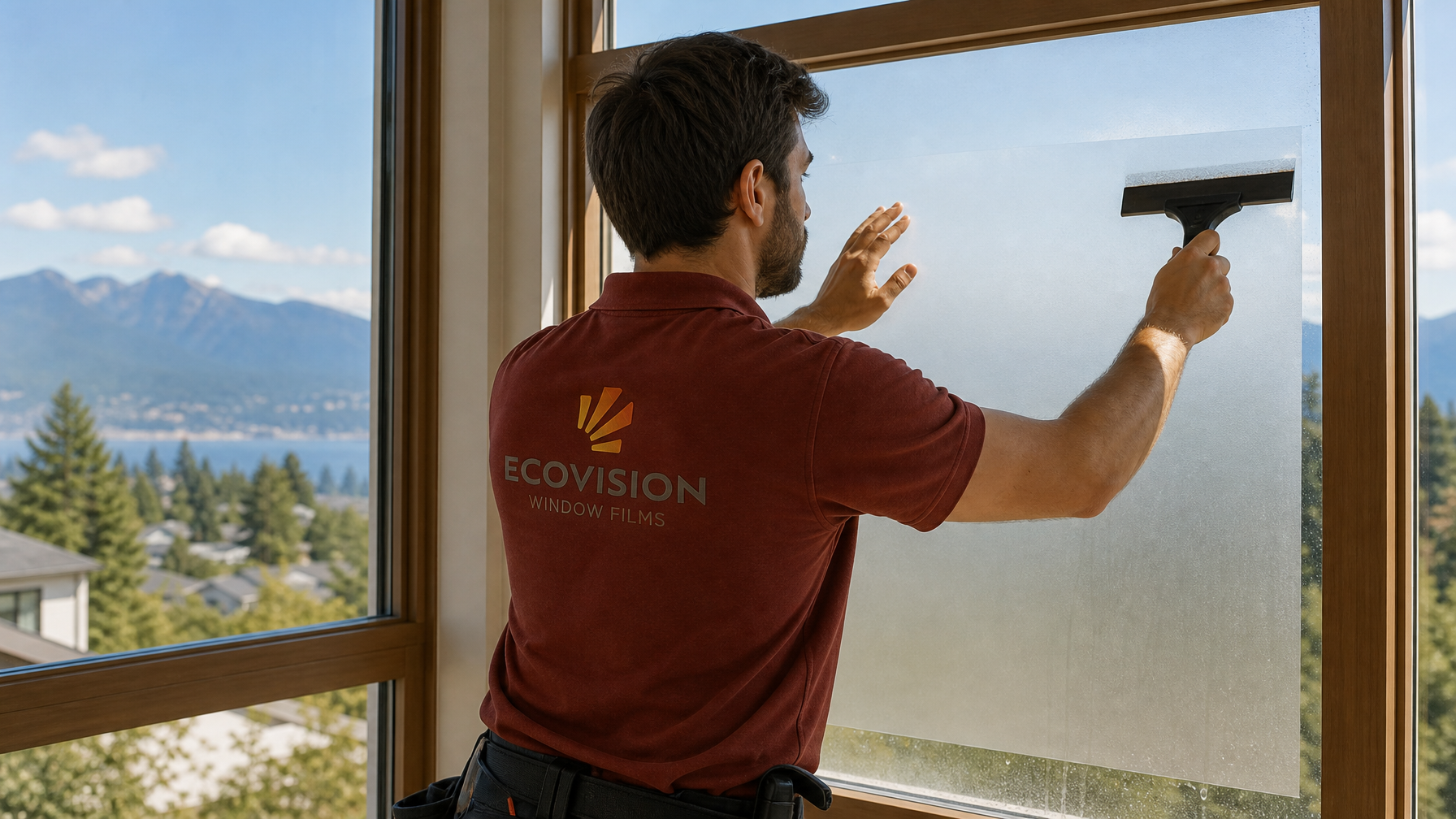 Ecovision installer in brick-red branded shirt applying frosted window film to a residential window in Vancouver BC
