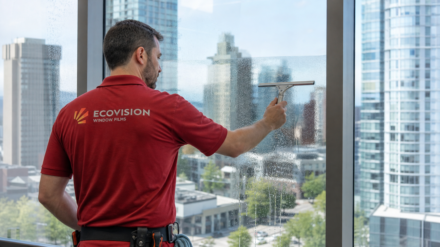 Ecovision installer in brick-red branded shirt applying architectural window film to commercial glazing in Vancouver BC