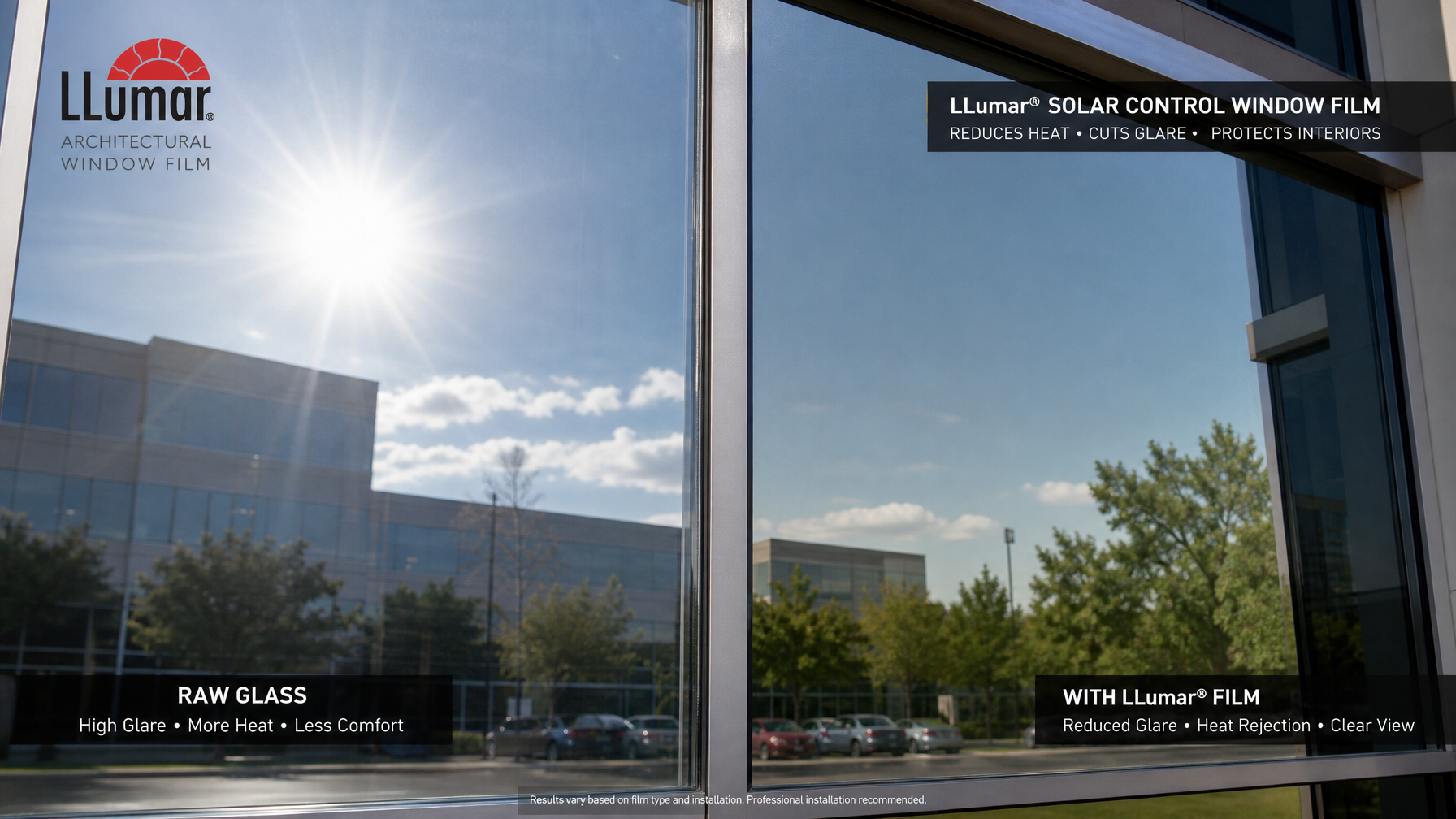 LLumar architectural window film technical comparison showing solar heat blocking versus untreated glass on a commercial building