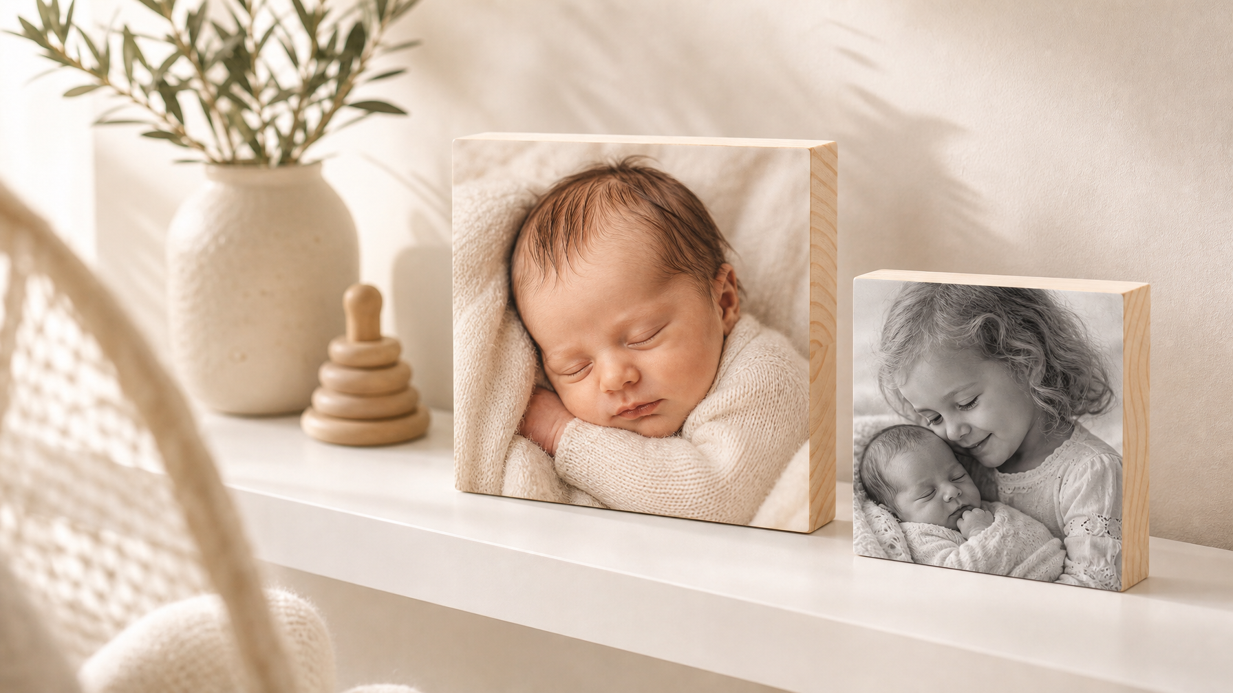 Houten fotoblock op tafel
