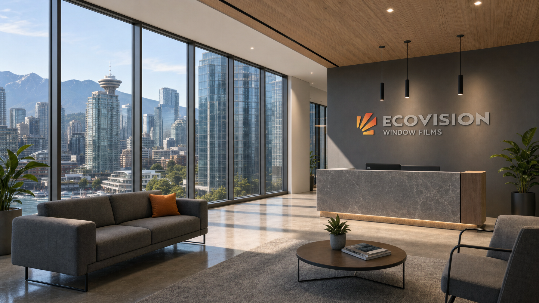 Metro Vancouver office building lobby with clear anti-shatter window film installed on floor-to-ceiling glass
