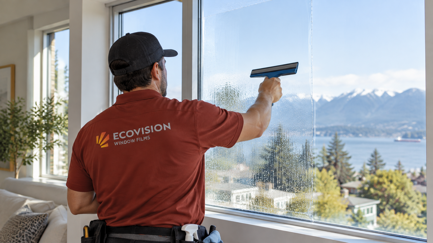 Ecovision installer in a brick-red shirt applying architectural window film on interior glass