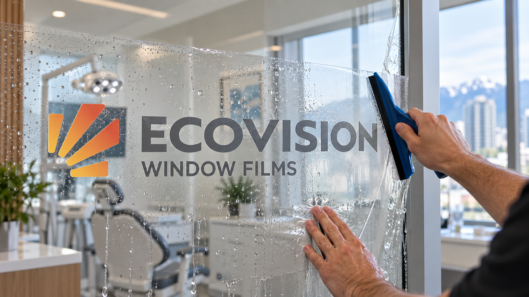 Close-up of architectural window film being squeegeed onto interior dental clinic glass