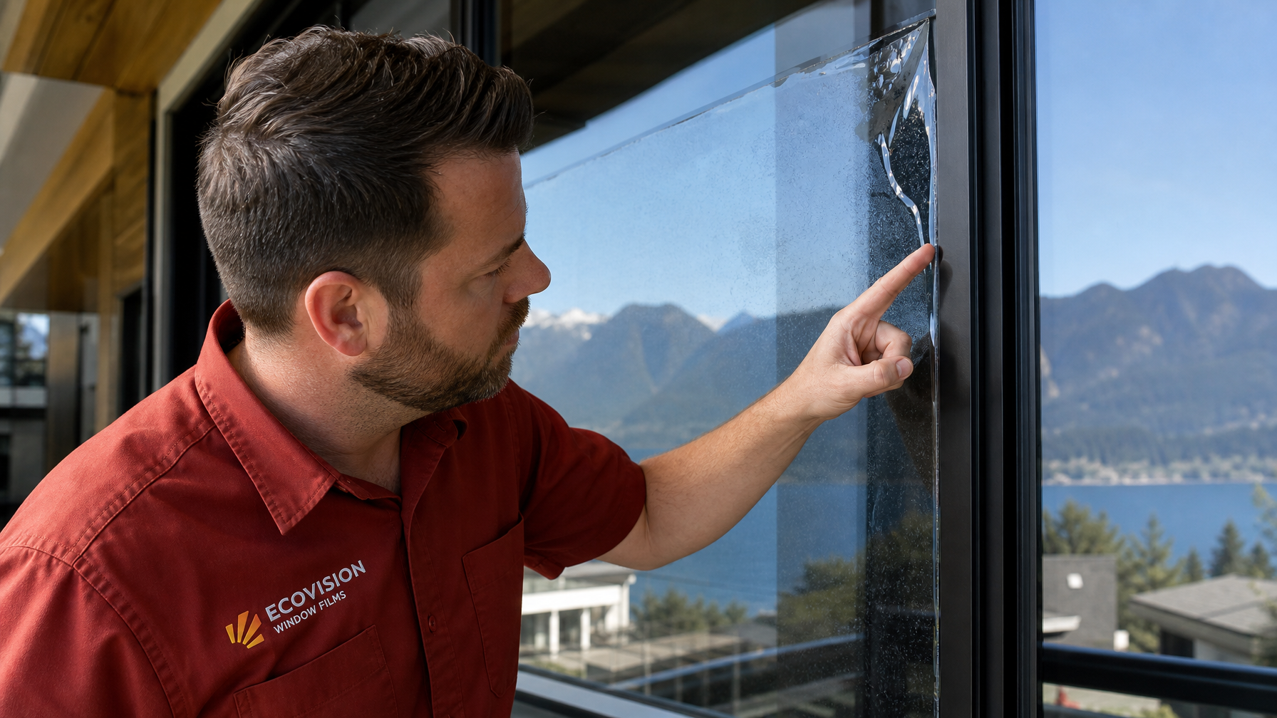 Ecovision installer in brick-red branded shirt inspecting peeling window film edge on Vancouver residential building
