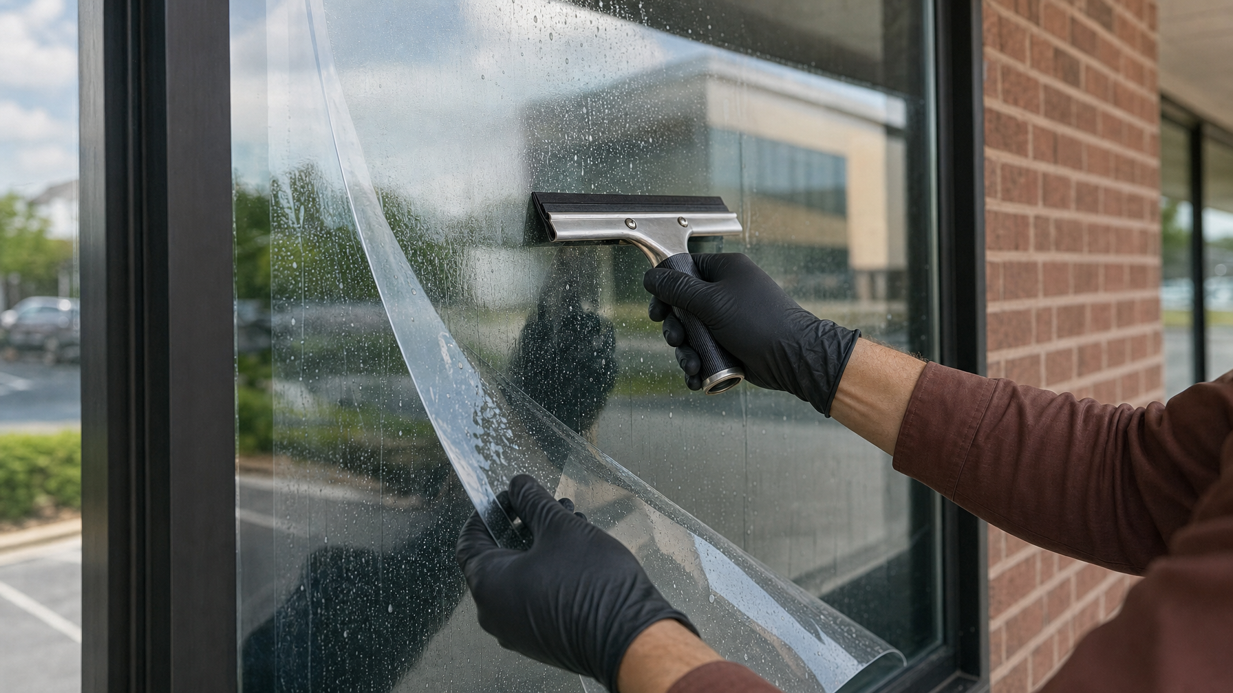 Close-up of clear security window film being squeegeed onto commercial glass