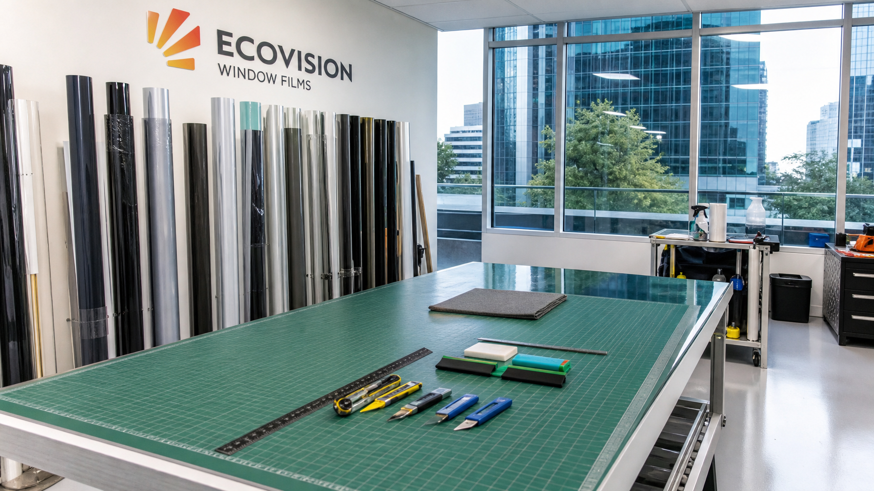 Professional window film installation workspace with self-healing cutting mat and rolls of security film