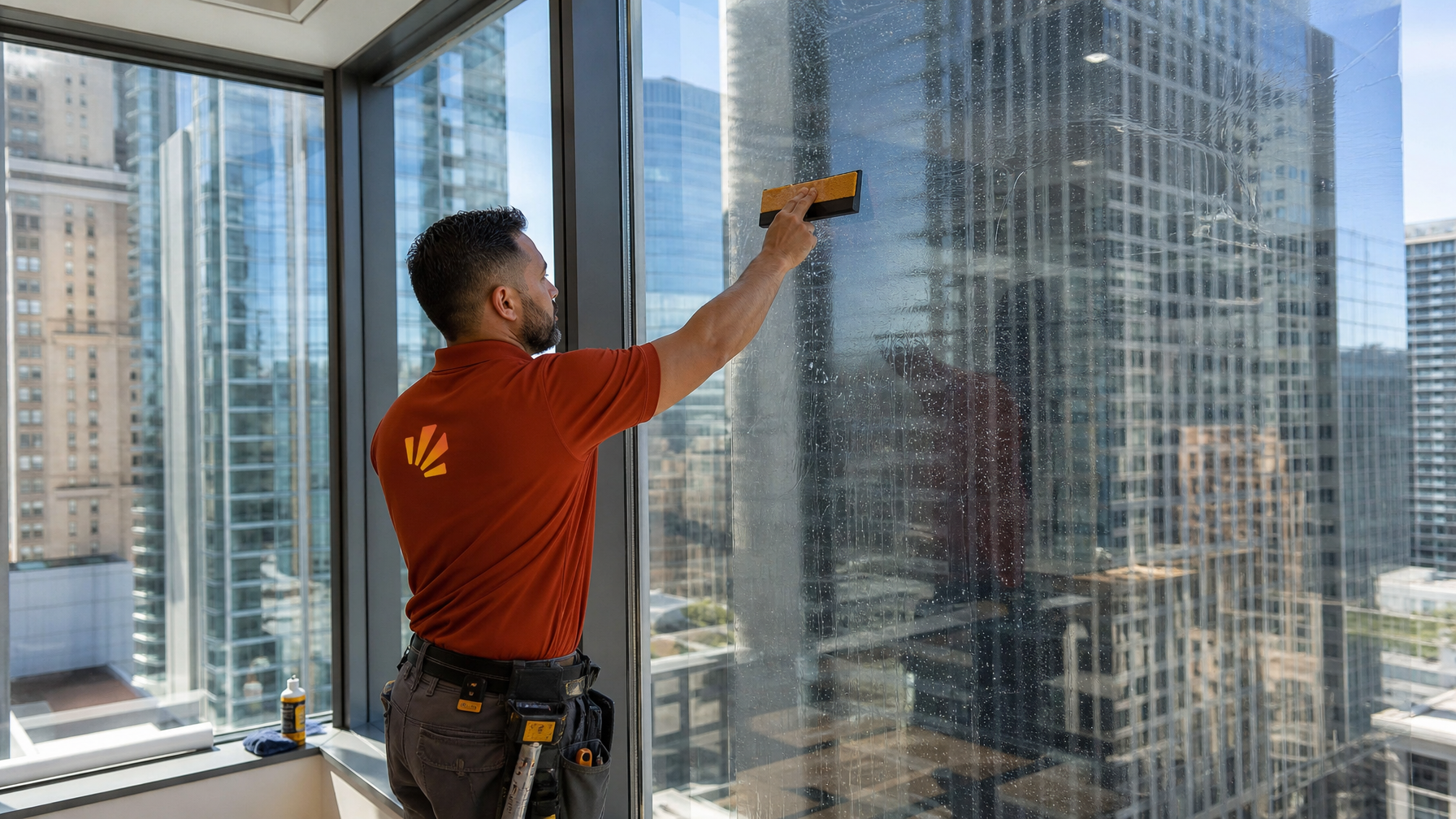 Installer applying non-metal solar film on Vancouver office glass