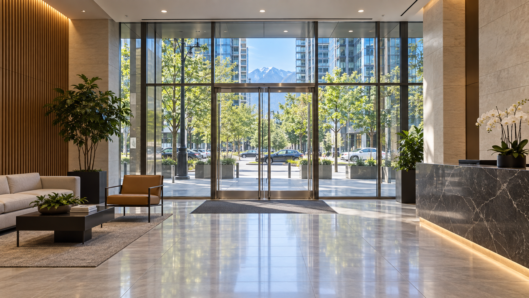 Vancouver commercial lobby viewed through clear security-filmed glass doors