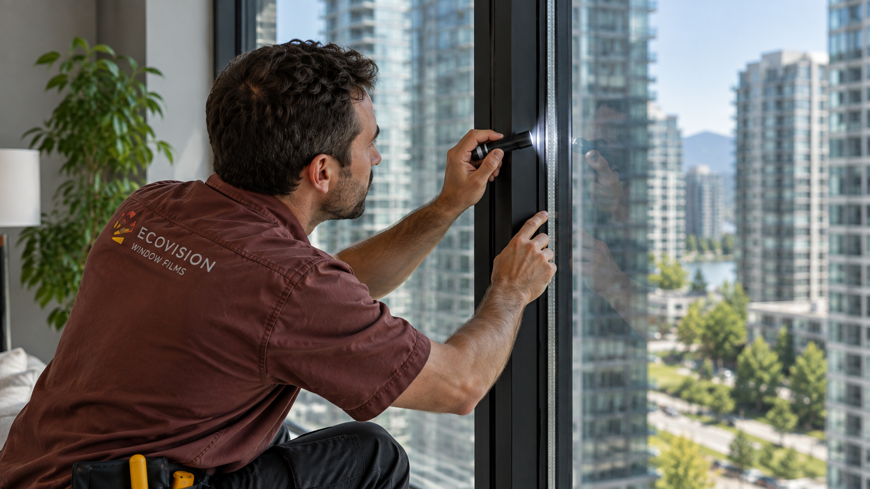 Ecovision installer in brick-red shirt inspecting dual-pane IGU seals before film install