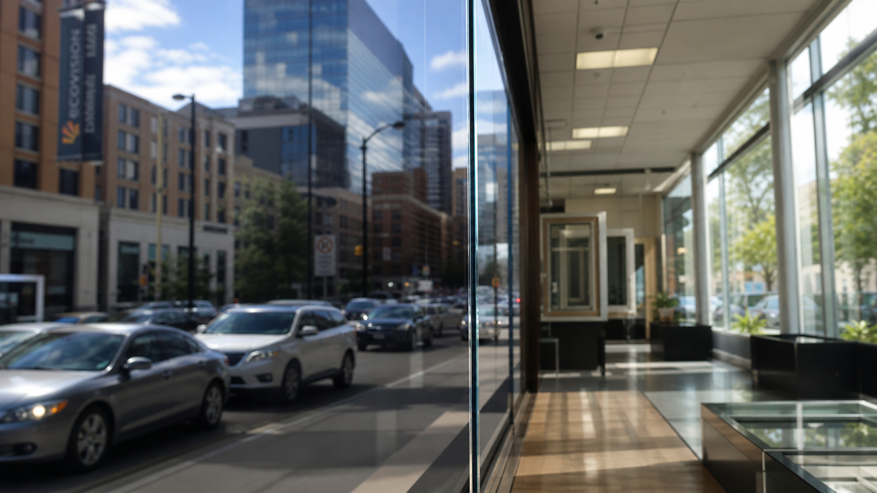 Close-up of one-way reflective window film on commercial glass showing mirror exterior and clear interior view
