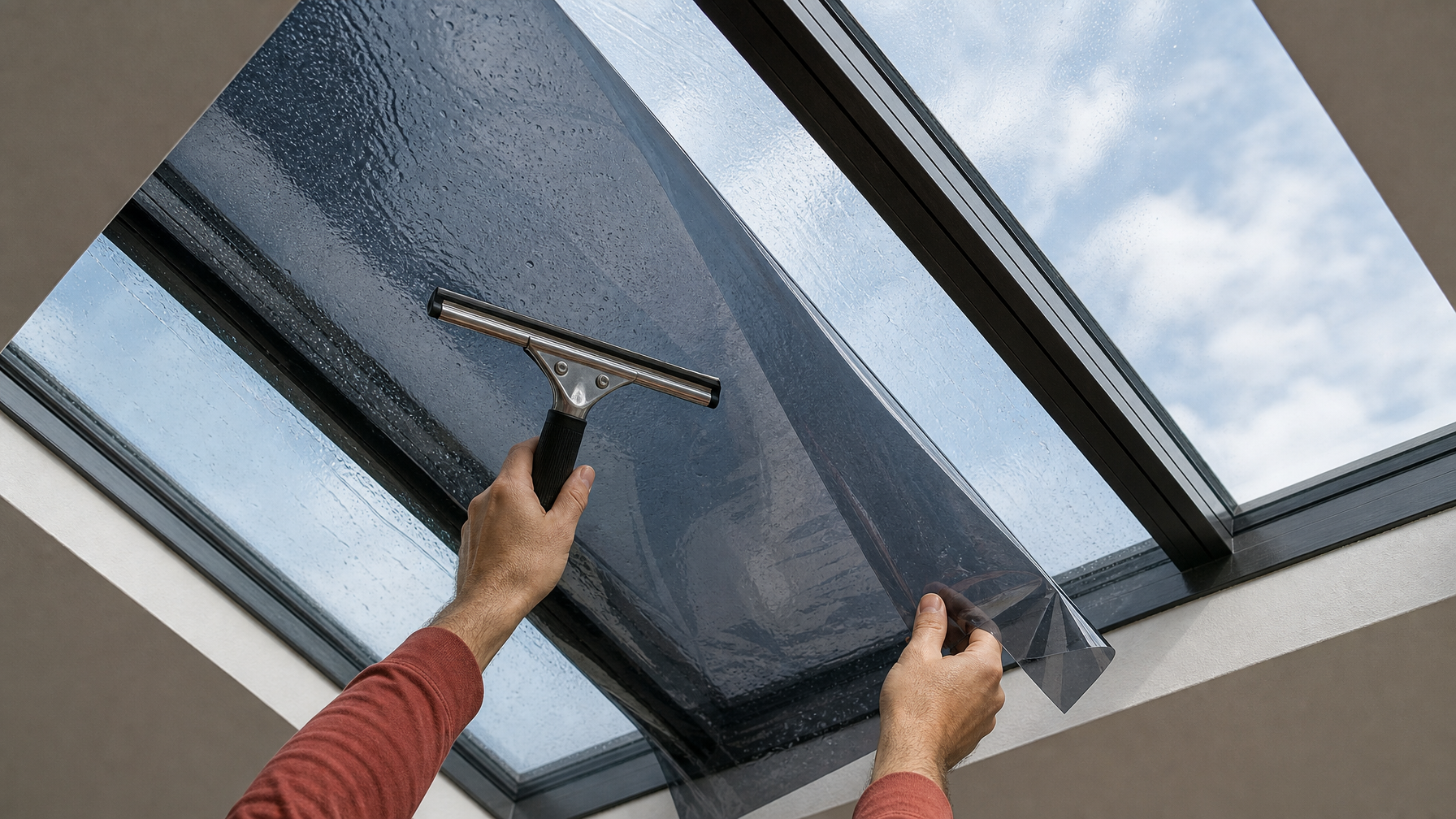 Close-up of solar window film being squeegeed onto overhead skylight glass