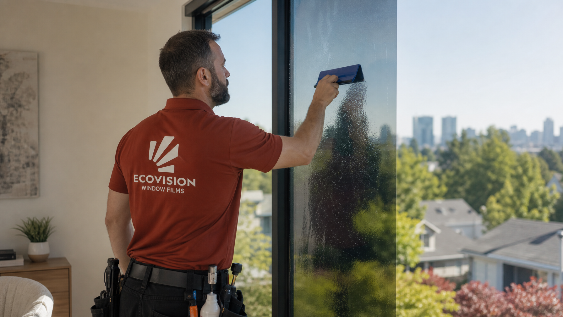 Ecovision installer in brick-red shirt applying privacy window film to a residential window in Vancouver BC