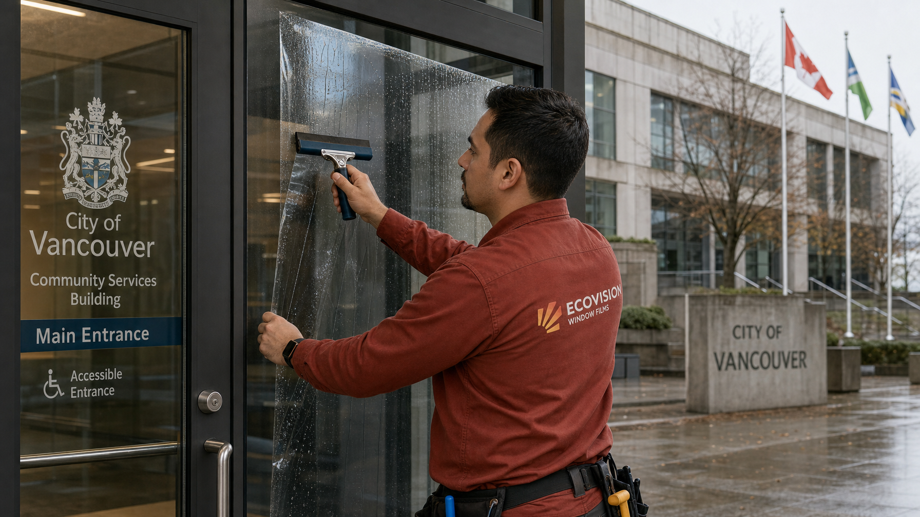 Ecovision technician installing heavy duty glass door security film for government building entry in Vancouver BC