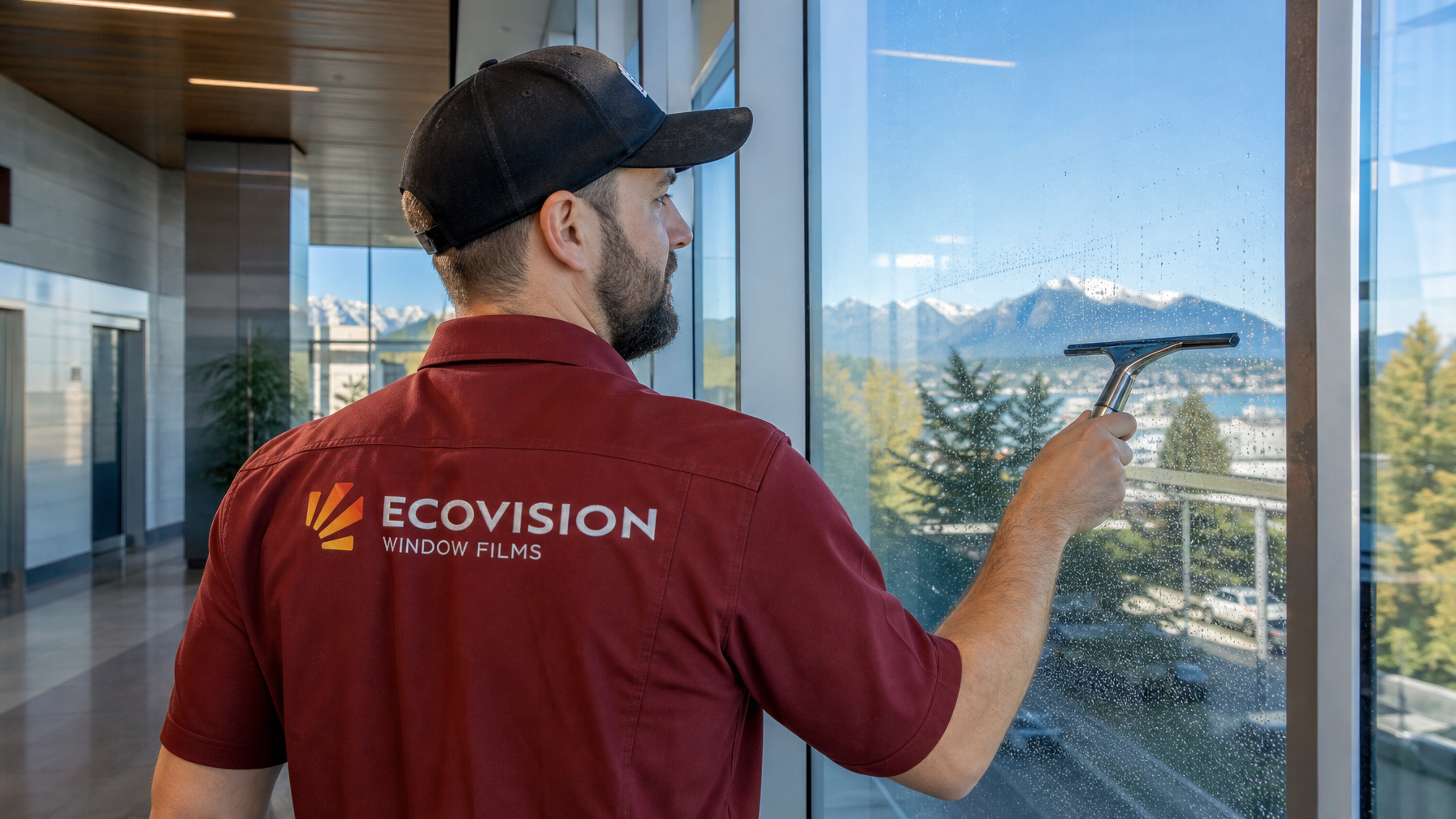 Ecovision Window Films installer in brick-red work shirt applying safety window film to commercial glass panel in Vancouver office building lobby