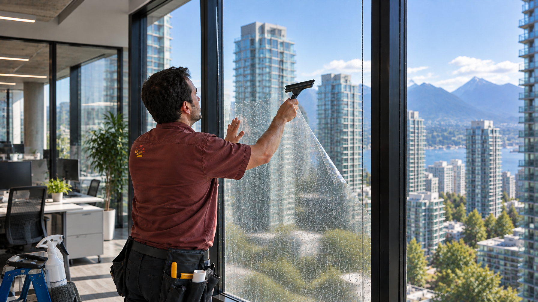 Ecovision installer in brick-red shirt applying energy-efficient film on downtown Vancouver commercial office curtain wall