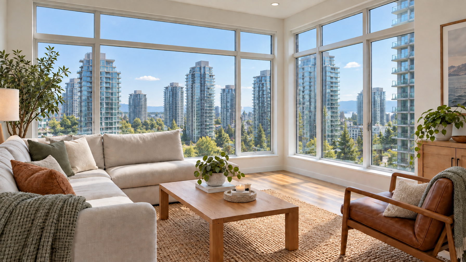 Bright Metro Vancouver condo living room with high-VLT solar film reducing heat and glare