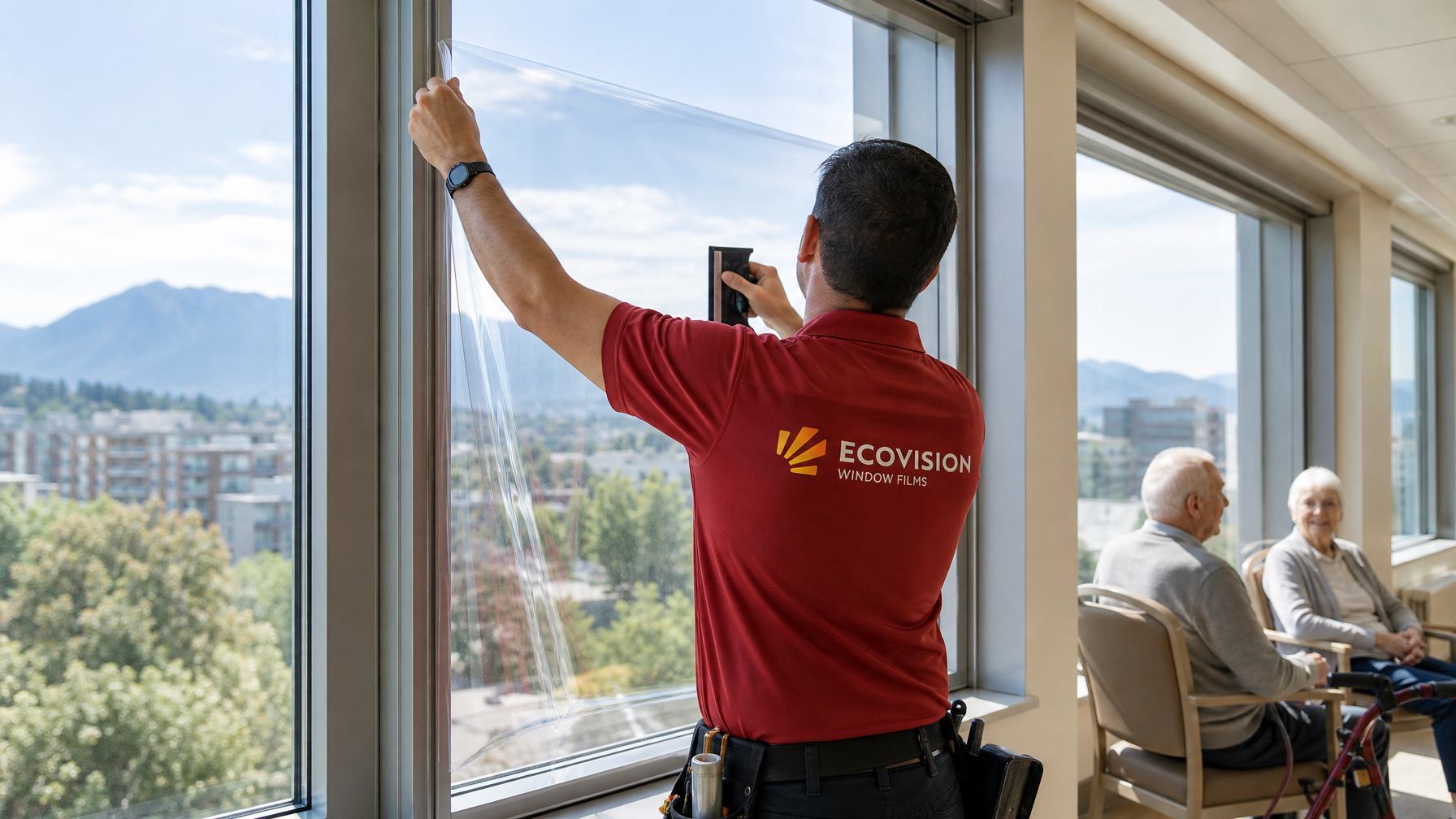 Ecovision installer in brick-red shirt applying UV-blocking window film to a healthcare facility window in Vancouver BC