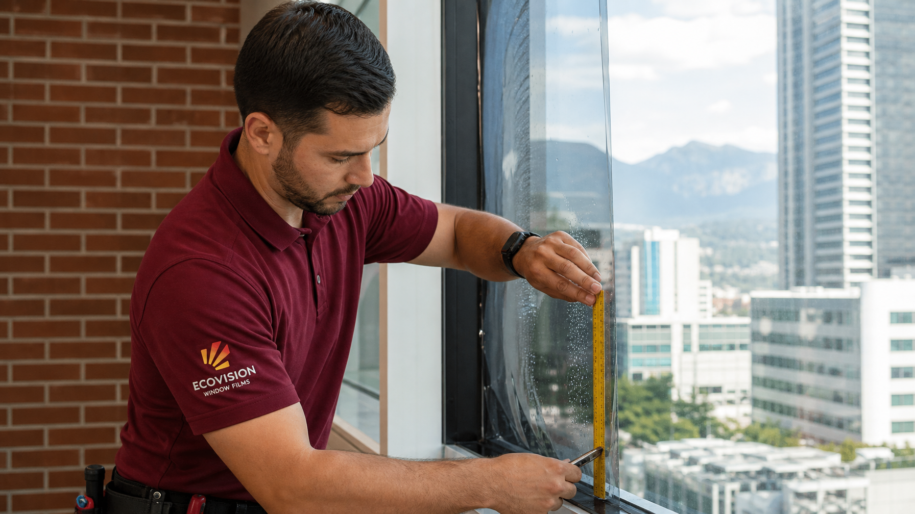 Close-up of solar control window film installation detail on high-rise glass