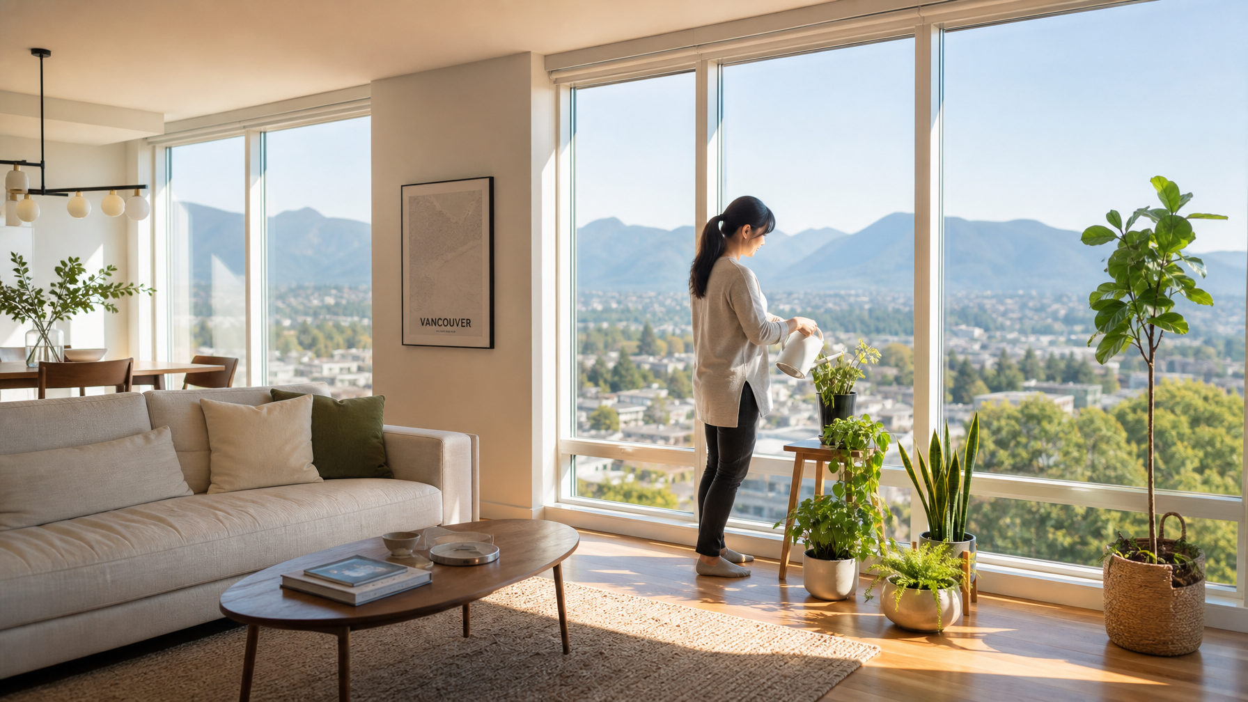 Vancouver BC interior with UV-blocking window film protecting hardwood floors and furniture from fading