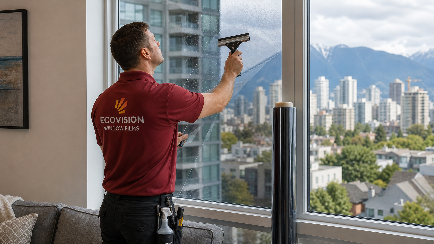 Ecovision technician in brick-red work shirt applying window tinting film with squeegee to a residential window in Vancouver