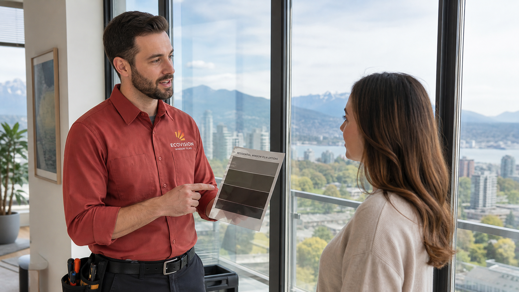Ecovision installer in brick-red shirt explaining residential window tinting options to a homeowner in a bright Vancouver condo