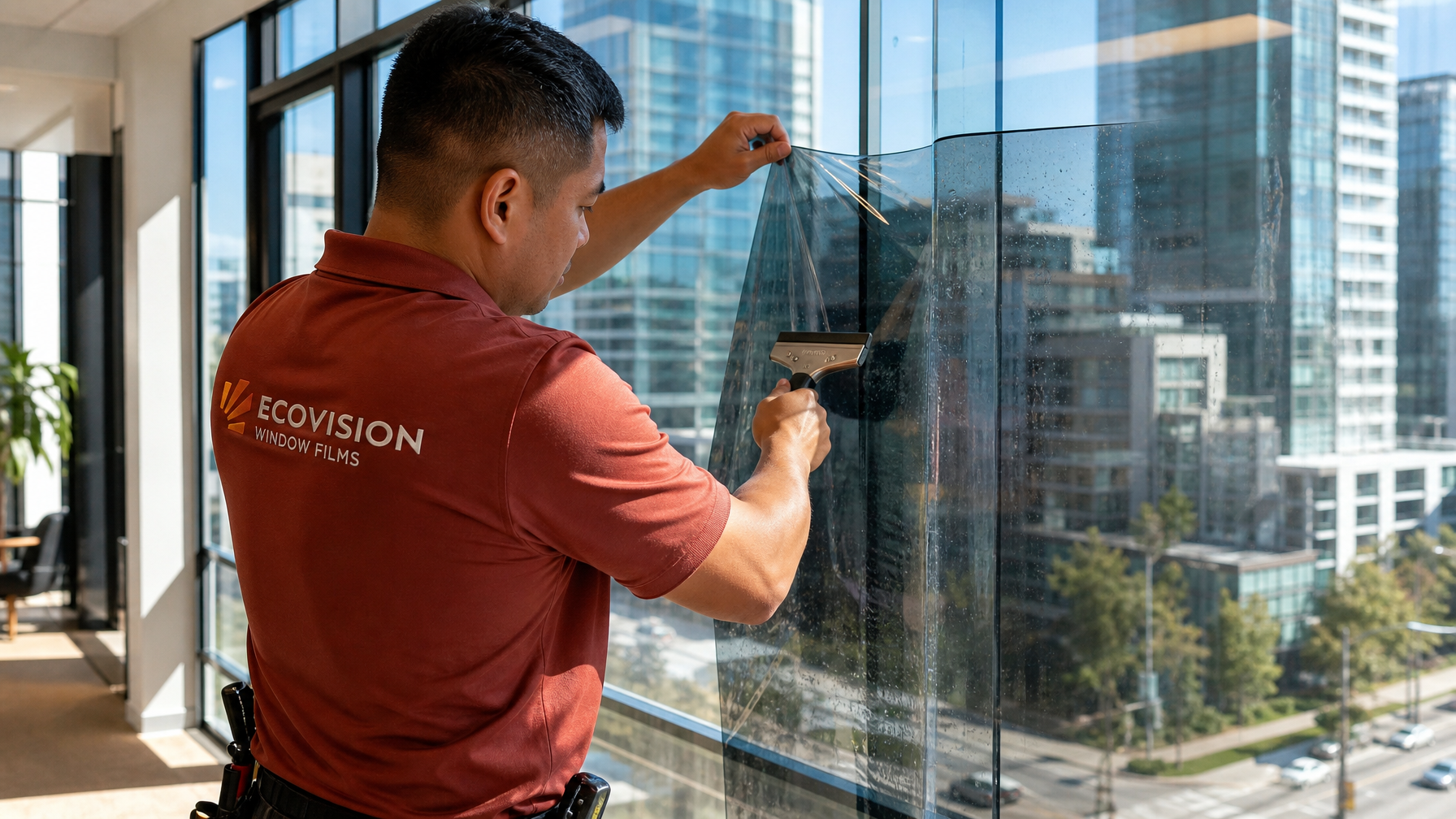Ecovision Window Films certified installer applying solar control film to Vancouver commercial glass