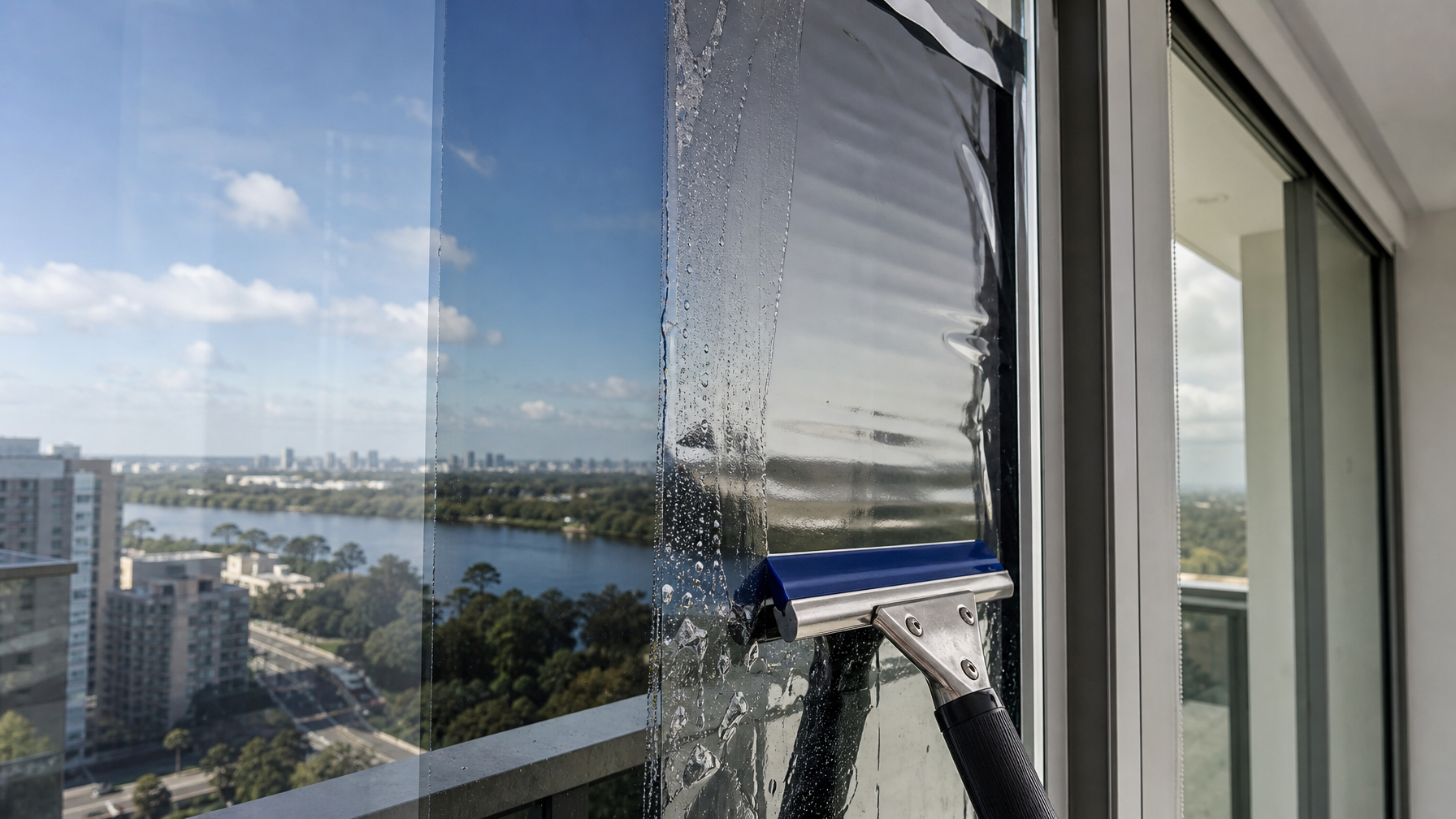 Close-up of dual-reflective architectural window film being squeegeed onto dual-pane condo glass