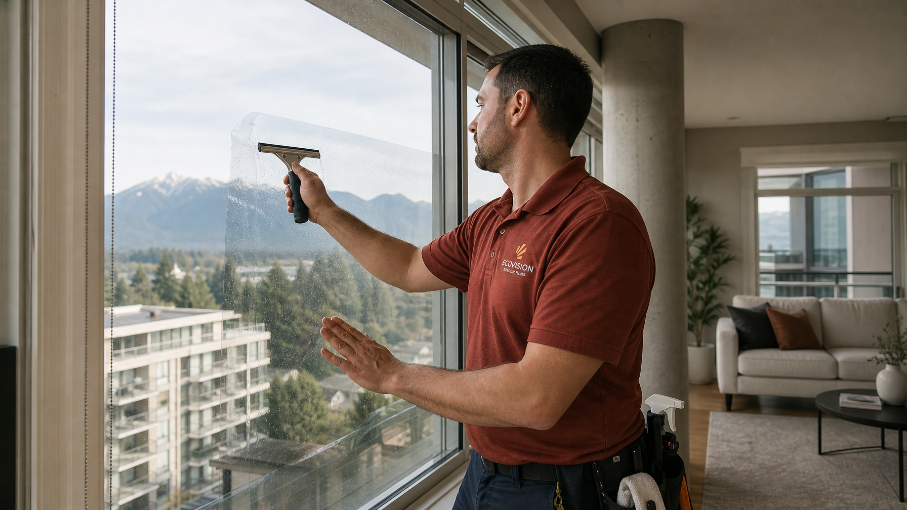 Ecovision installer in a brick-red branded shirt applying clear UV window film in a Vancouver home