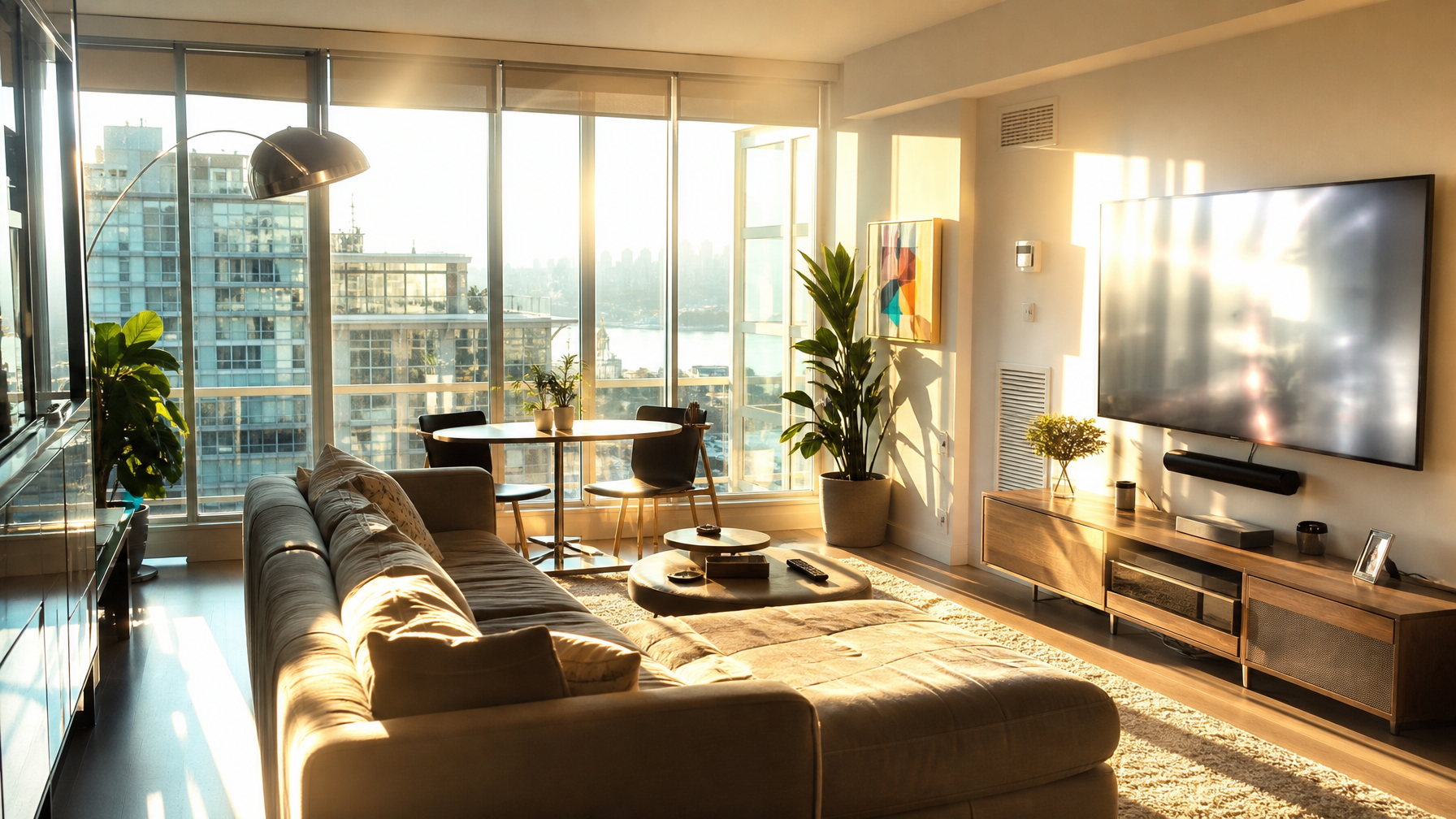 Southwest-facing Vancouver condo with intense afternoon sun streaming through large windows, glare washing out TV screen, bright hot patches on floor