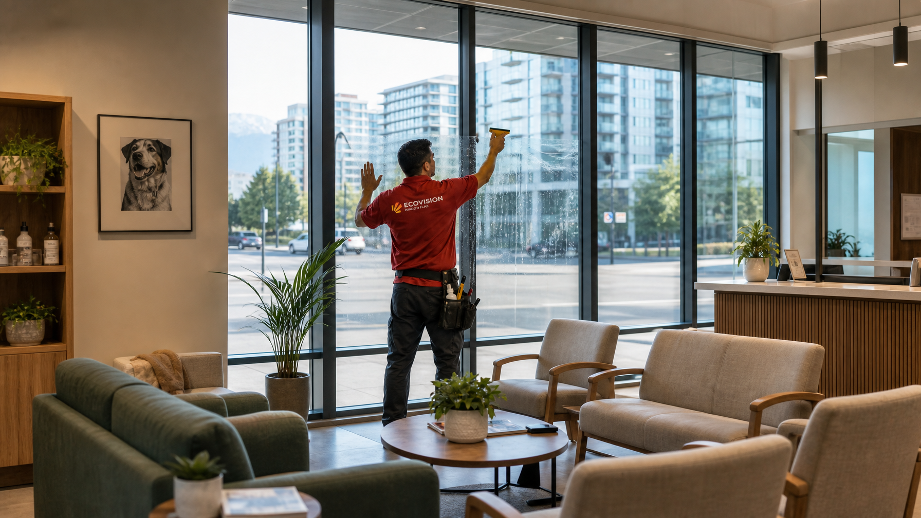 Ecovision installer in a brick-red shirt applying architectural window film to clinic glass in Vancouver