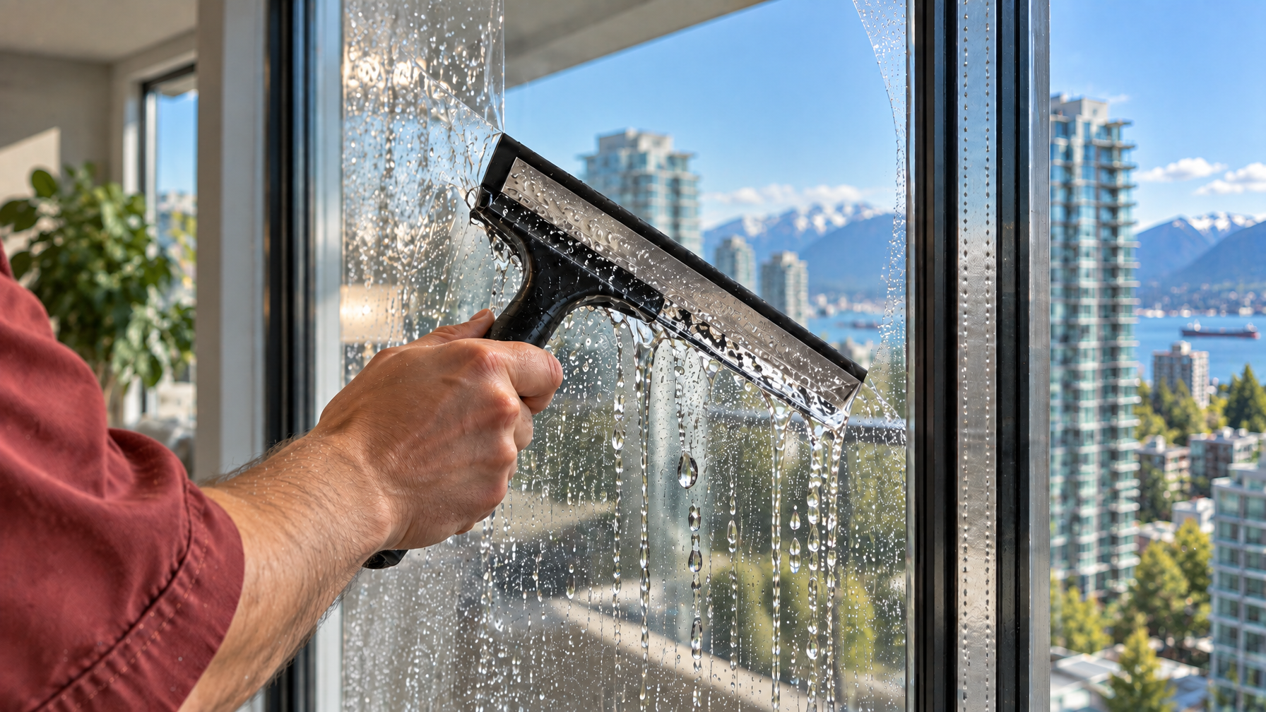 Close-up wet squeegee pass on clear solar heat-control film, brick-red Ecovision sleeve