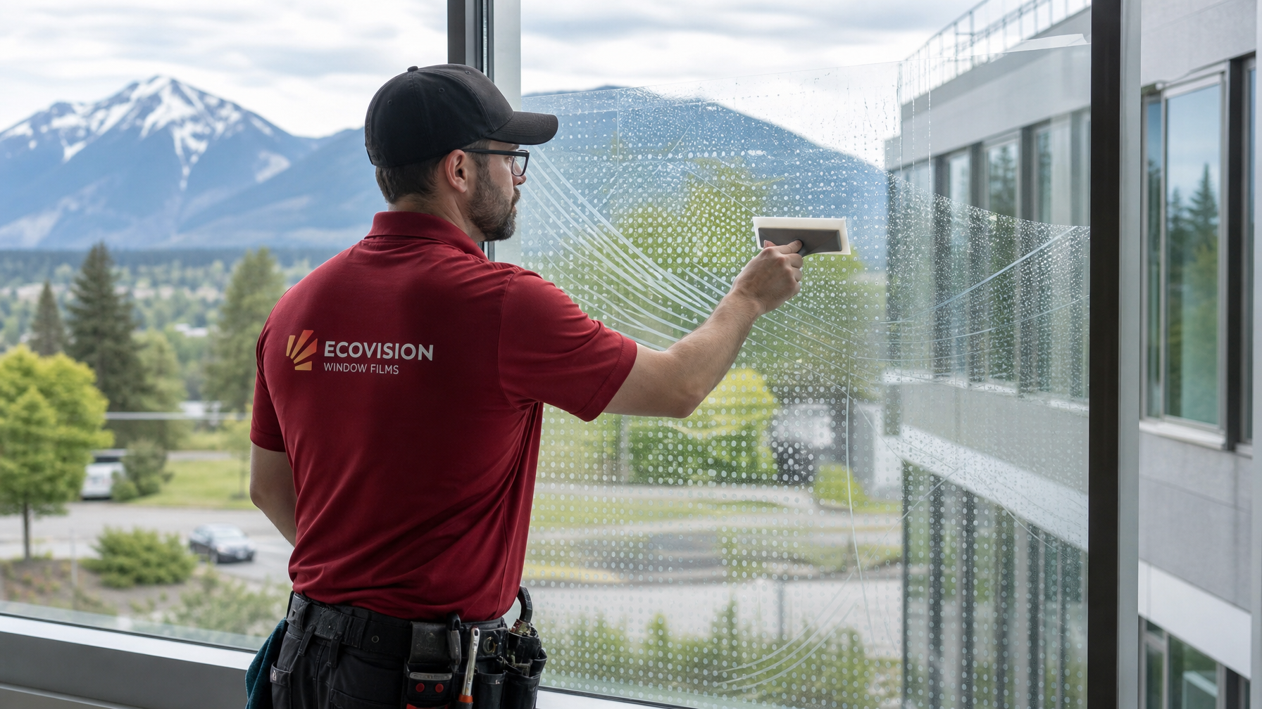 Ecovision installer in brick-red shirt applying bird-safe patterned window film with dot and line patterns to BC office building