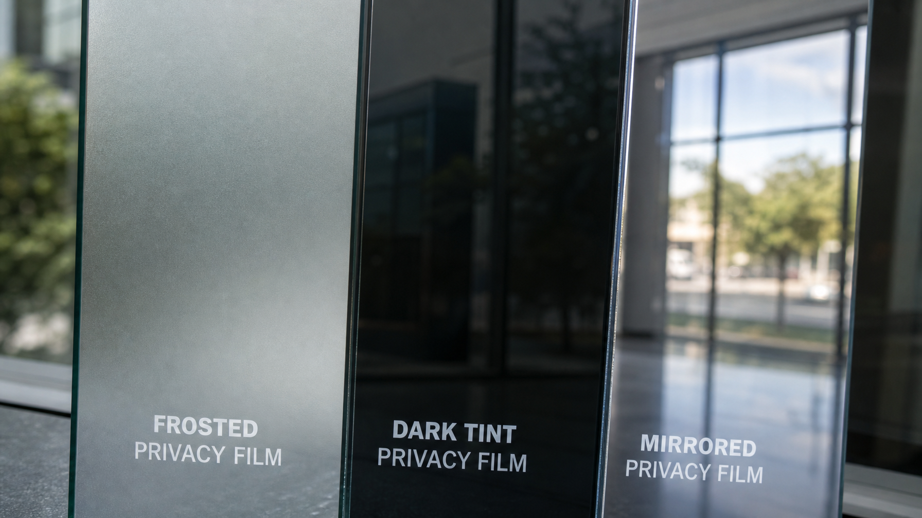 Close-up of different privacy window film types showing frosted, tinted, and reflective film textures and light diffusion properties